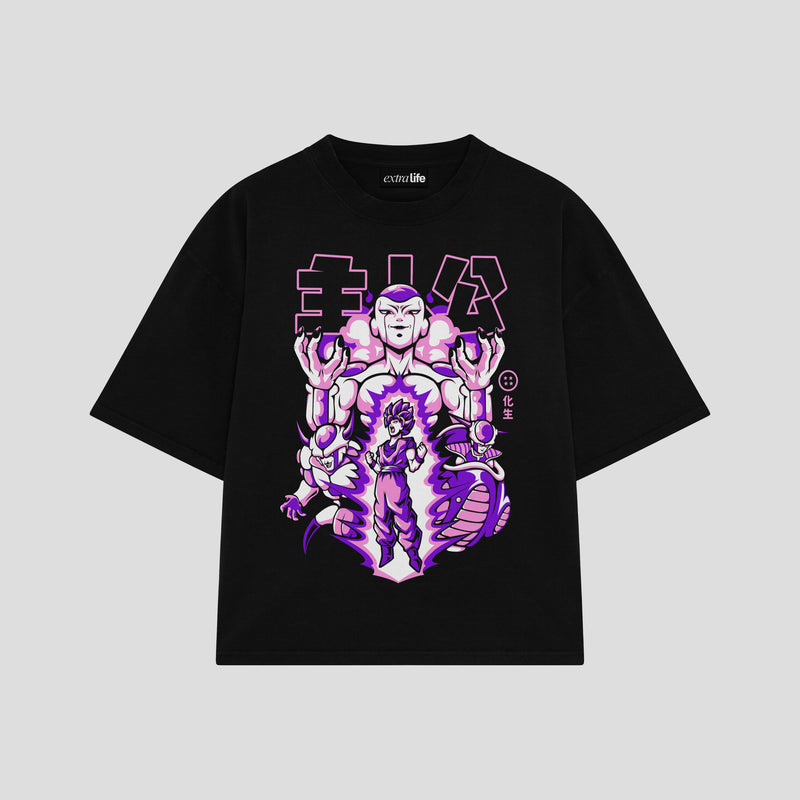Playera streetwear premium de anime y gaming ExtraLife MX, corte boxy oversized drop shoulder heavyweight en color Deep Black y Off-White, moda urbana mexicana de culto.