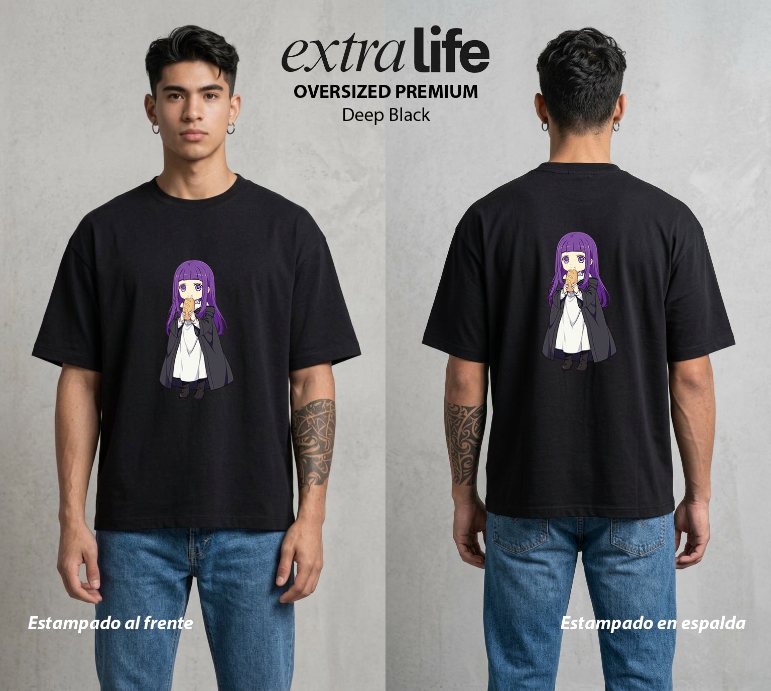 El Viaje sin Fin | La Elfa del Largo Viaje Chibi #01460 - Playera Oversized Premium | Deep Black - Foto en modelo