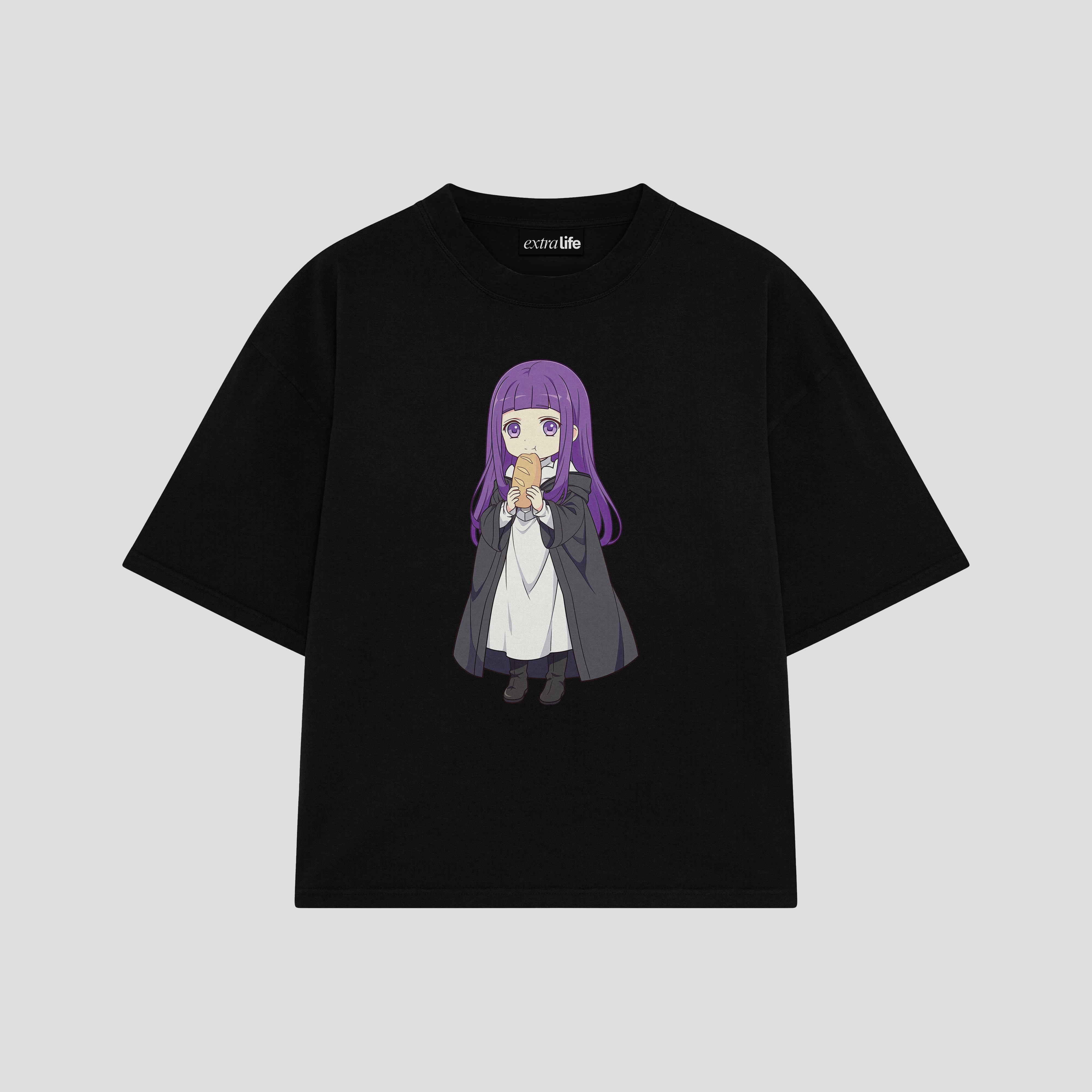 Playera streetwear premium de anime y gaming ExtraLife MX, corte boxy oversized drop shoulder heavyweight en color Deep Black y Off-White, moda urbana mexicana de culto.