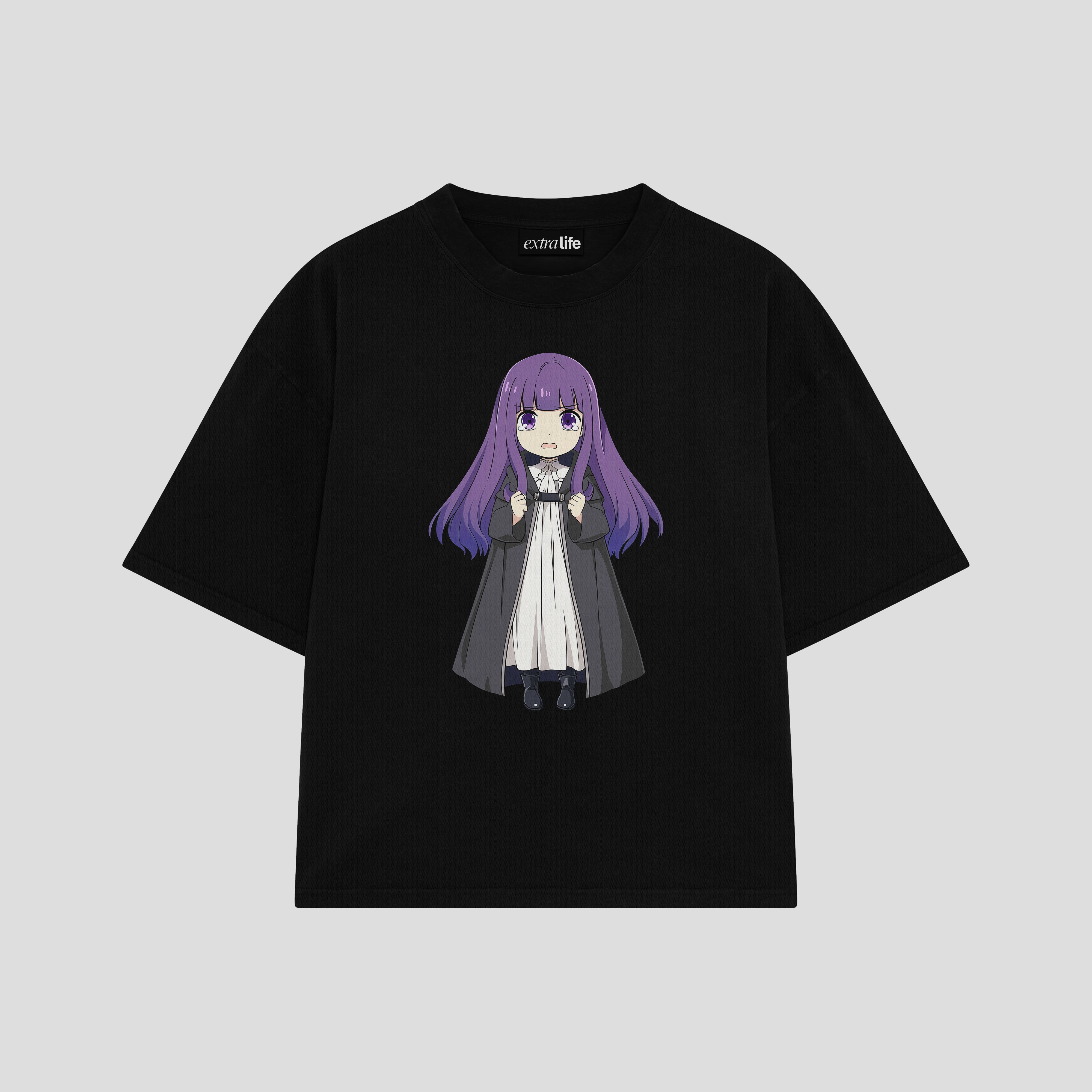 Playera streetwear premium de anime y gaming ExtraLife MX, corte boxy oversized drop shoulder heavyweight en color Deep Black y Off-White, moda urbana mexicana de culto.