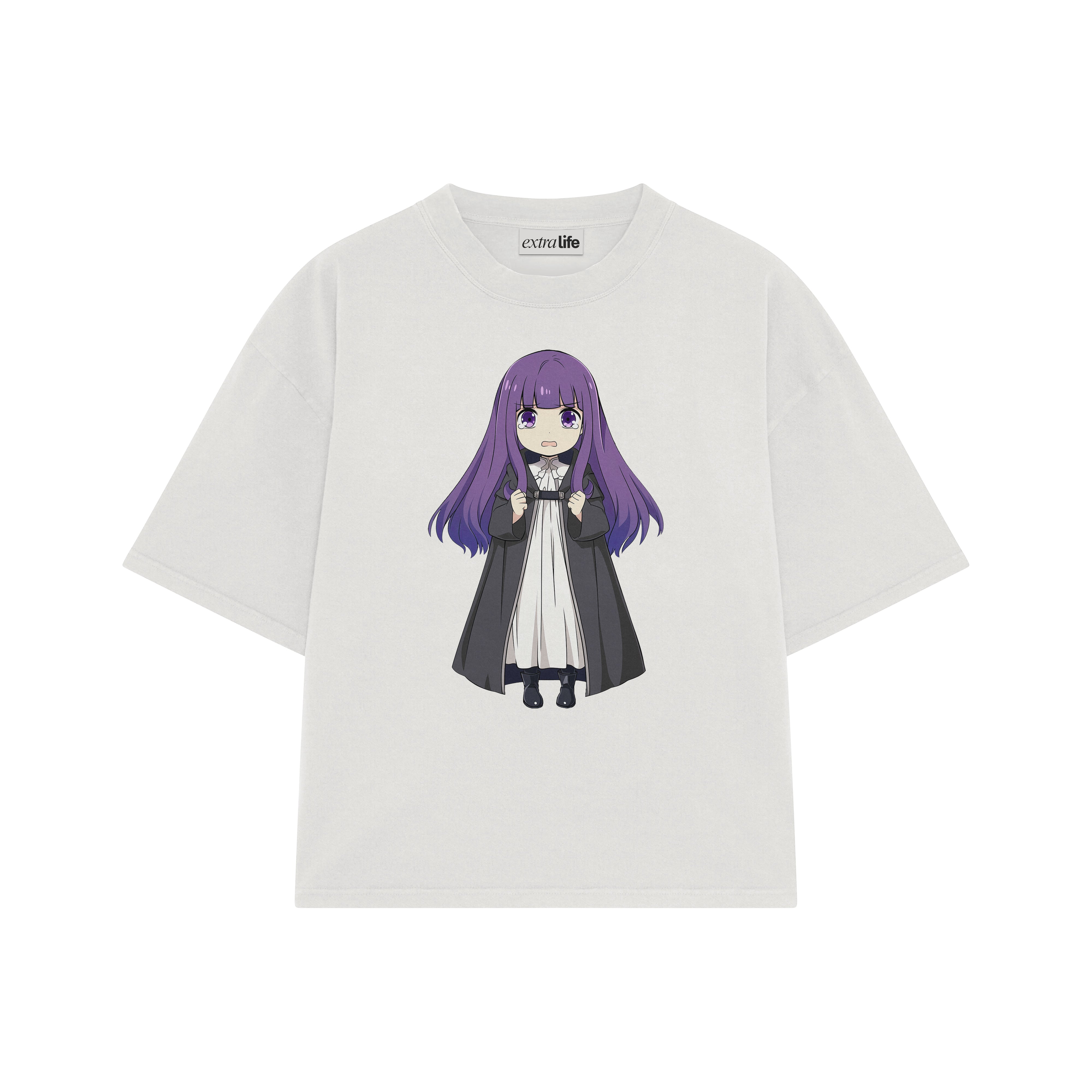 Playera streetwear premium de anime y gaming ExtraLife MX, corte boxy oversized drop shoulder heavyweight en color Deep Black y Off-White, moda urbana mexicana de culto.