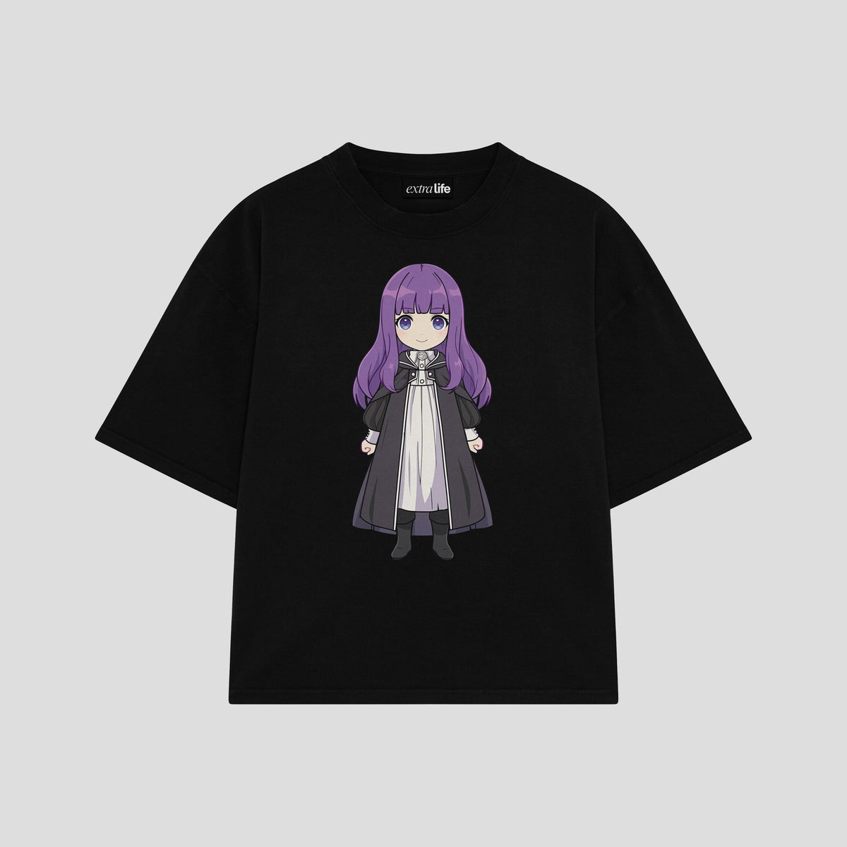 Playera streetwear premium de anime y gaming ExtraLife MX, corte oversized drop shoulder ligero y fresco en color Deep Black y Off-White, moda urbana mexicana de culto.
