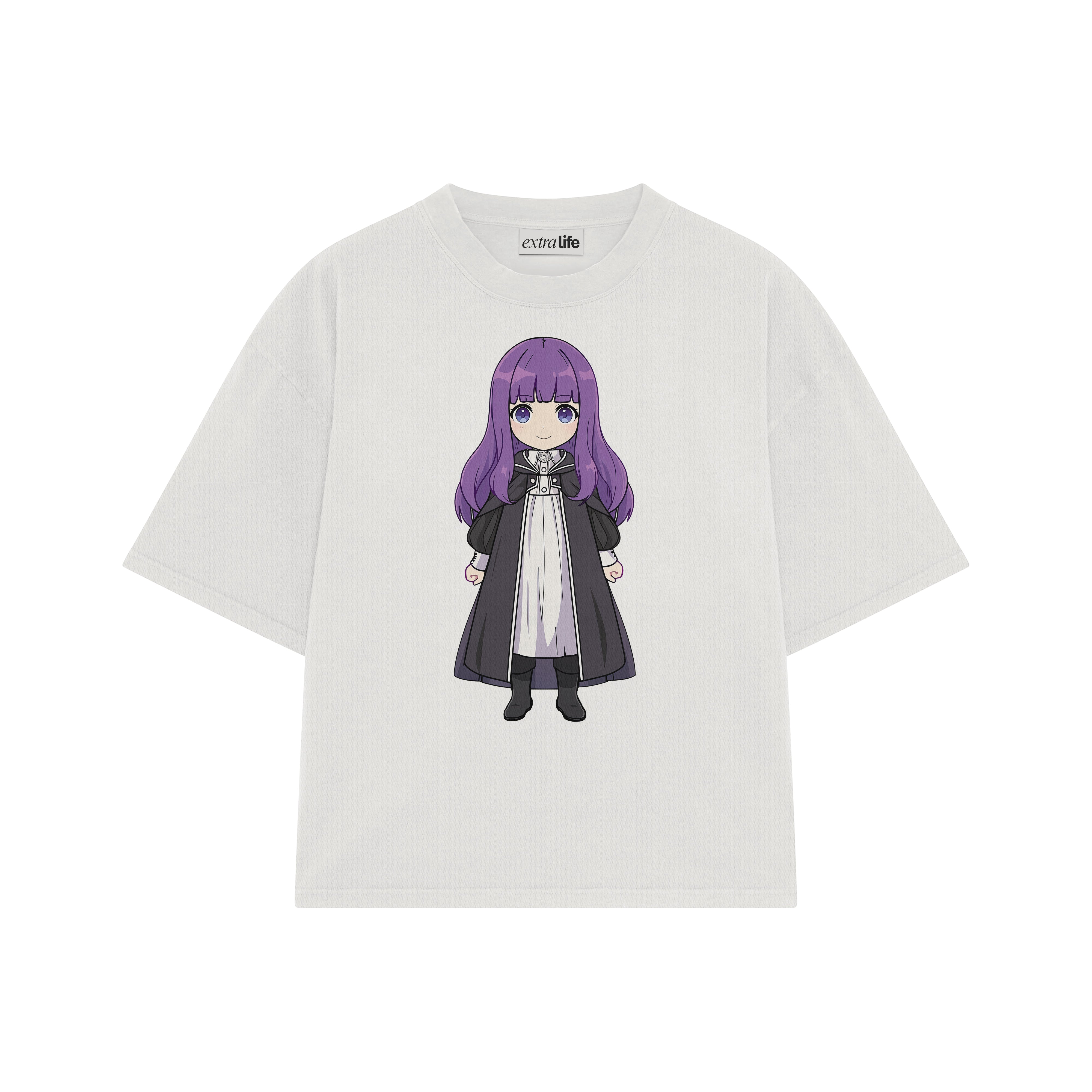 Playera streetwear premium de anime y gaming ExtraLife MX, corte boxy oversized drop shoulder heavyweight en color Deep Black y Off-White, moda urbana mexicana de culto.