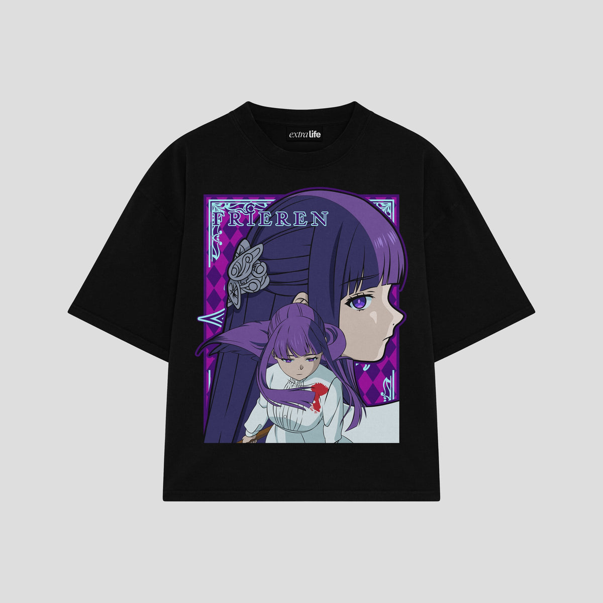 Playera streetwear premium de anime y gaming ExtraLife MX, corte oversized drop shoulder ligero y fresco en color Deep Black y Off-White, moda urbana mexicana de culto.