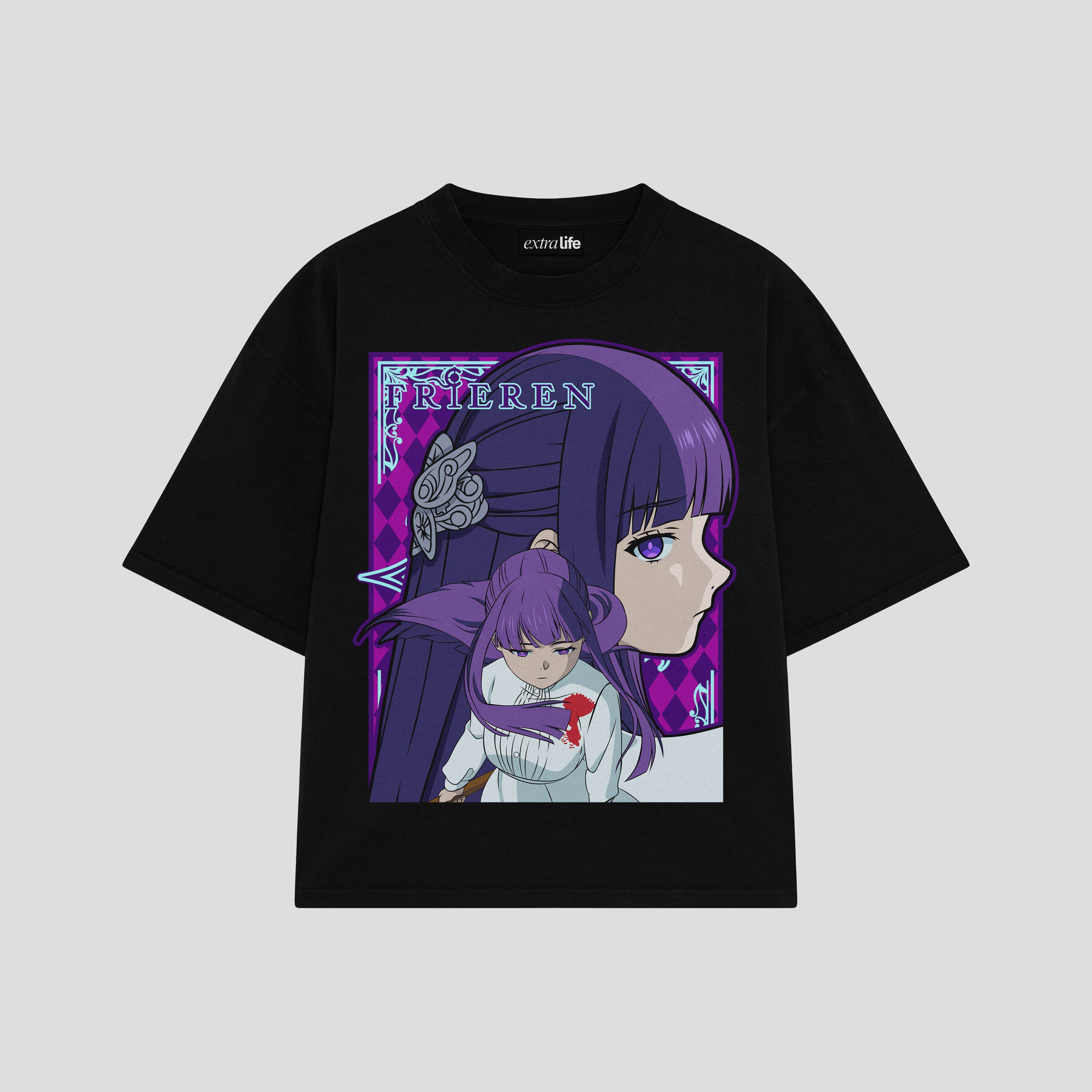 Playera streetwear premium de anime y gaming ExtraLife MX, corte boxy oversized drop shoulder heavyweight en color Deep Black y Off-White, moda urbana mexicana de culto.