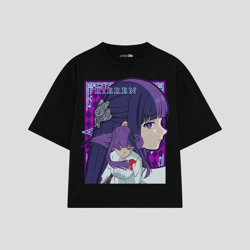 Playera streetwear premium de anime y gaming ExtraLife MX, corte boxy oversized drop shoulder heavyweight en color Deep Black y Off-White, moda urbana mexicana de culto.