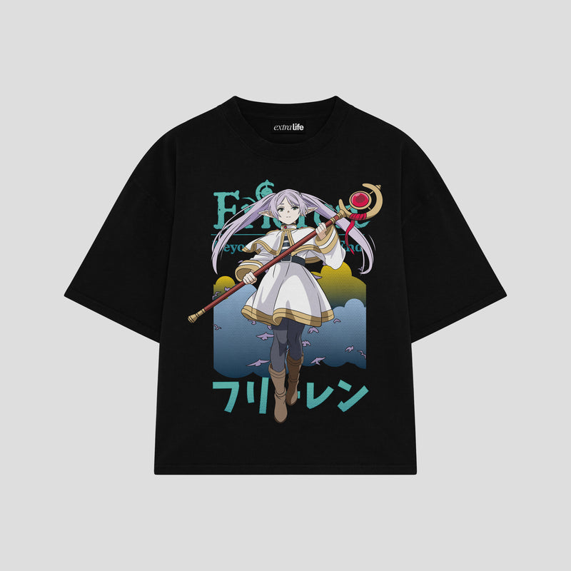 Playera streetwear premium de anime y gaming ExtraLife MX, corte boxy oversized drop shoulder heavyweight en color Deep Black y Off-White, moda urbana mexicana de culto.