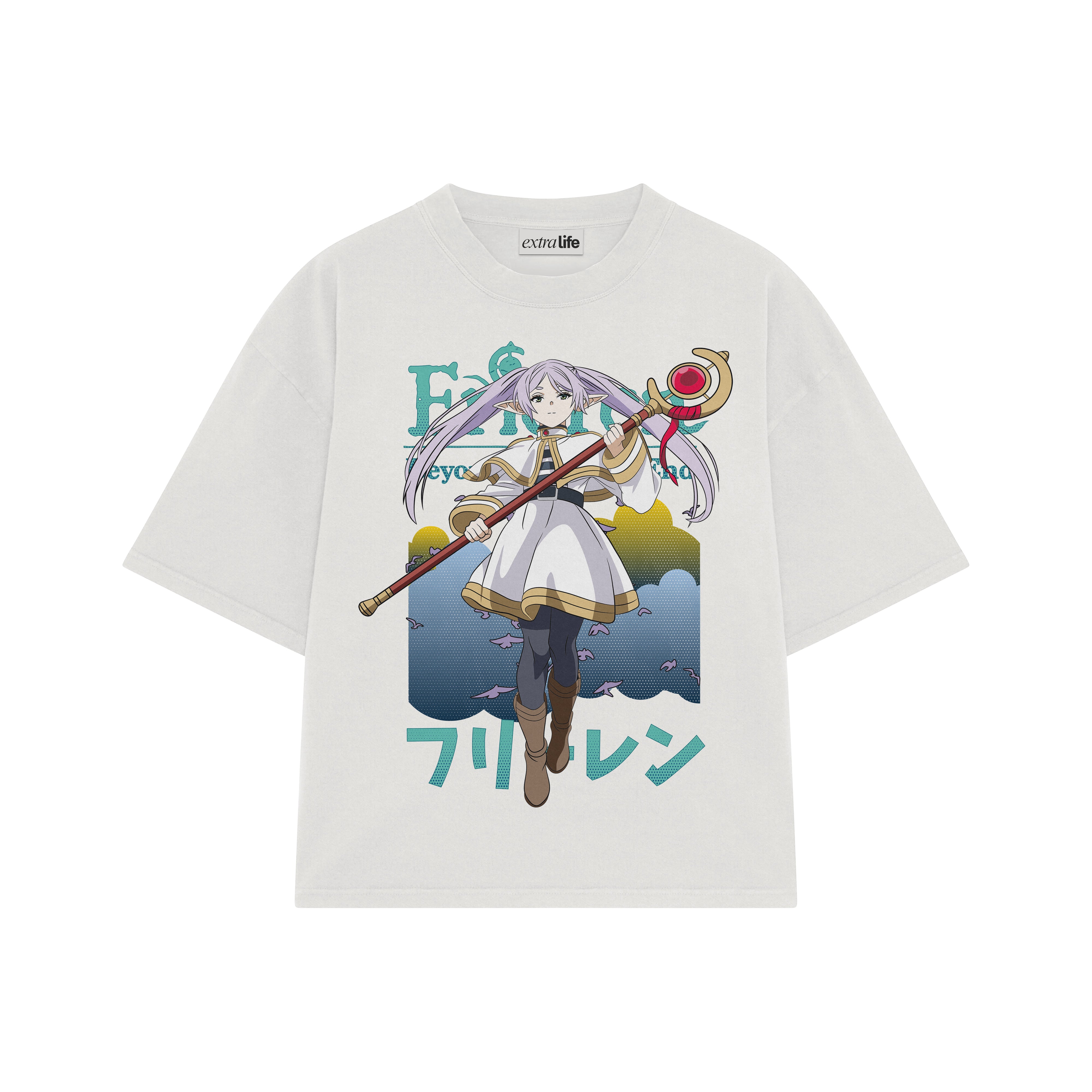 Playera streetwear premium de anime y gaming ExtraLife MX, corte boxy oversized drop shoulder heavyweight en color Deep Black y Off-White, moda urbana mexicana de culto.