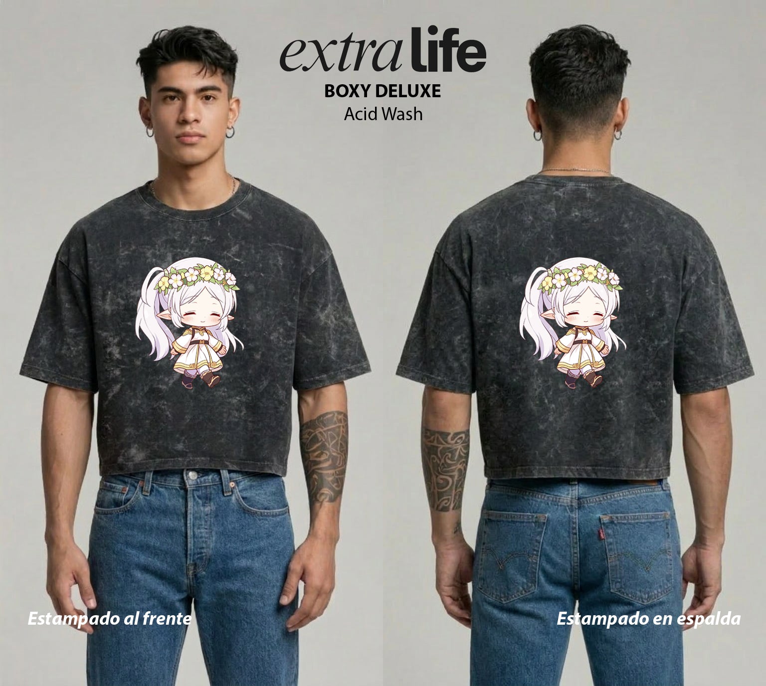 Playera streetwear premium de anime y gaming ExtraLife MX, corte boxy deluxe mineral wash heavyweight en color Acid Wash, moda urbana mexicana de culto.