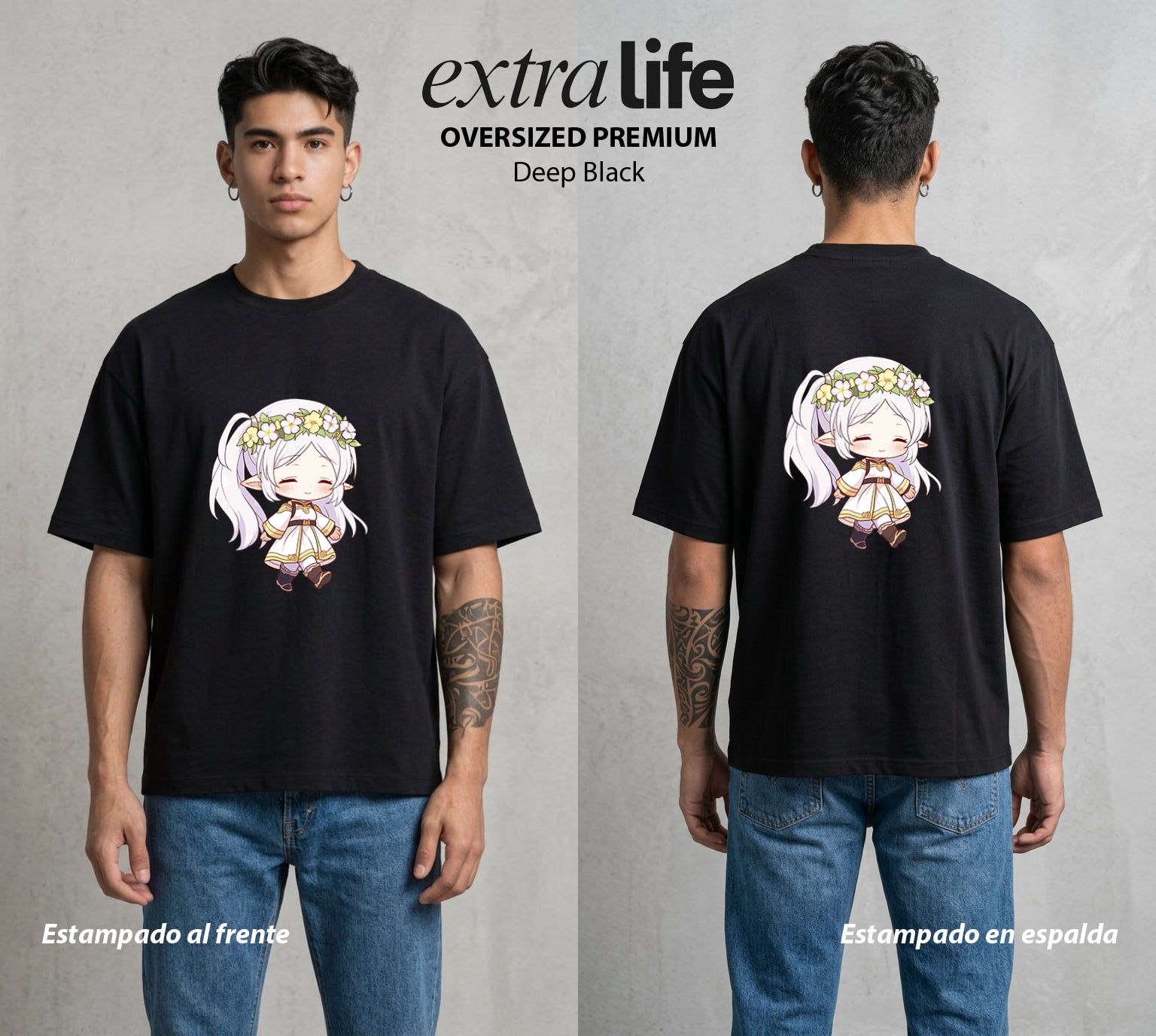 El Viaje sin Fin | La Elfa del Largo Viaje Chibi #01465 - Playera Oversized Premium | Deep Black - Foto en modelo