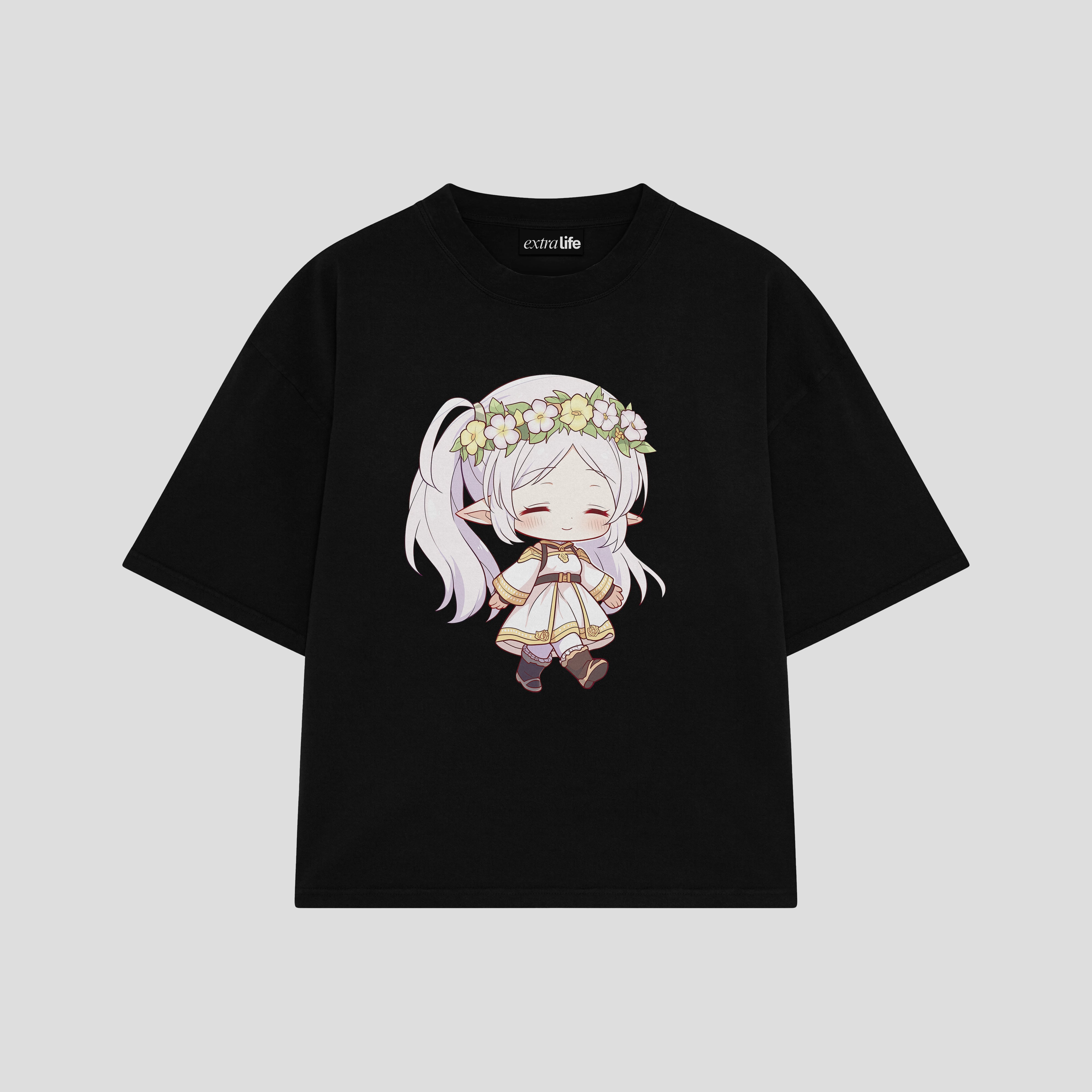 Playera streetwear premium de anime y gaming ExtraLife MX, corte boxy oversized drop shoulder heavyweight en color Deep Black y Off-White, moda urbana mexicana de culto.