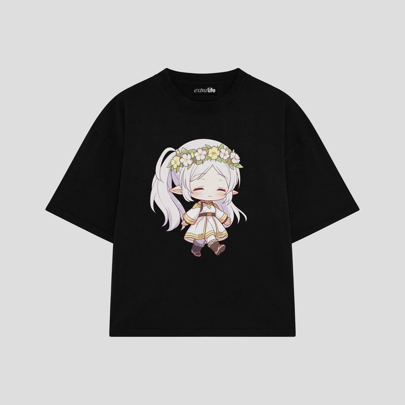 Playera streetwear premium de anime y gaming ExtraLife MX, corte boxy oversized drop shoulder heavyweight en color Deep Black y Off-White, moda urbana mexicana de culto.