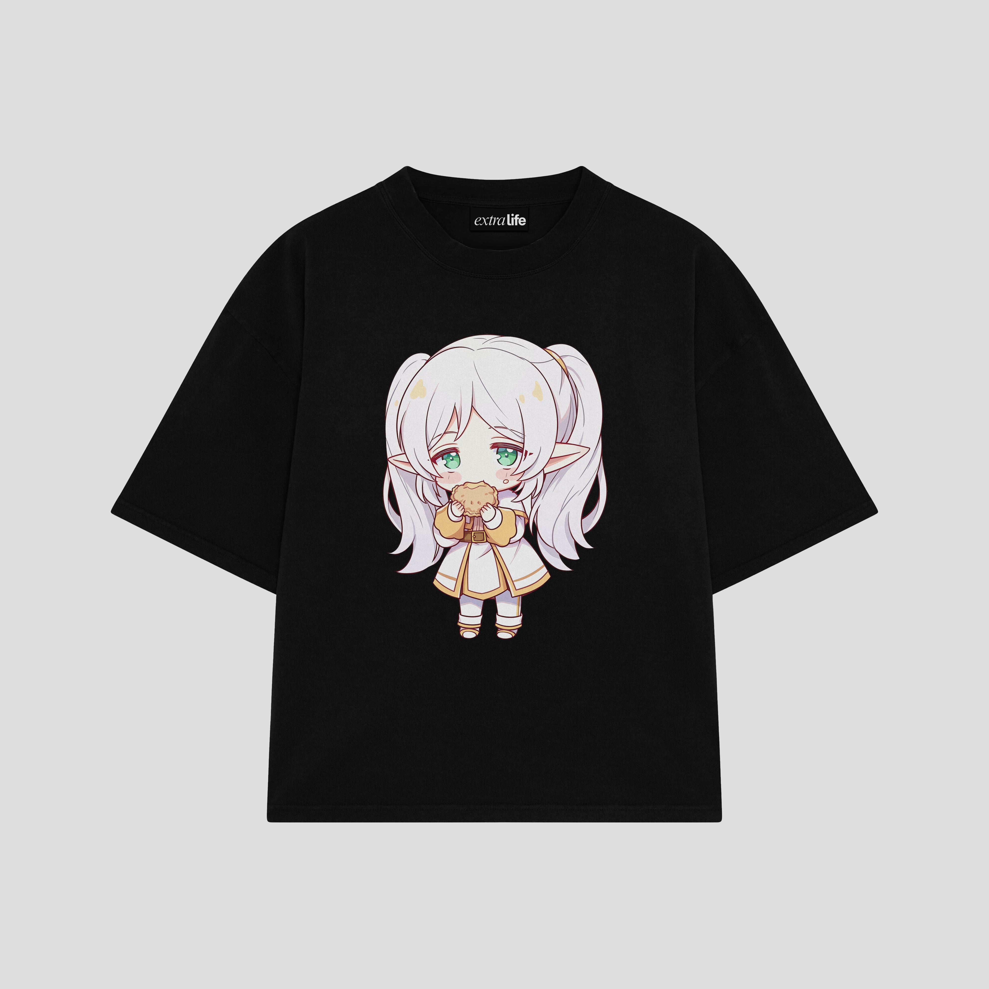 Playera streetwear premium de anime y gaming ExtraLife MX, corte boxy oversized drop shoulder heavyweight en color Deep Black y Off-White, moda urbana mexicana de culto.