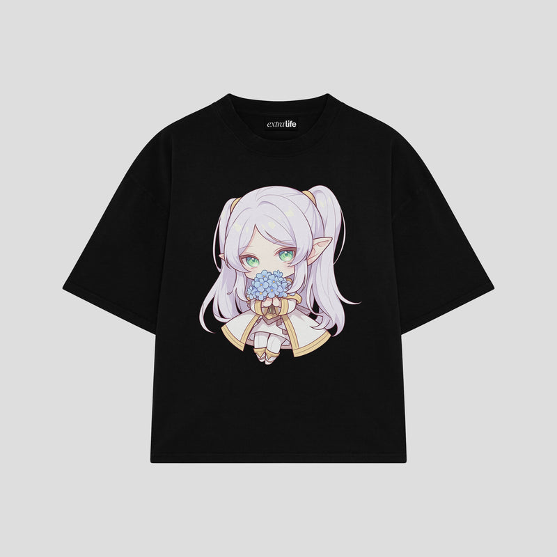 Playera streetwear premium de anime y gaming ExtraLife MX, corte boxy oversized drop shoulder heavyweight en color Deep Black y Off-White, moda urbana mexicana de culto.