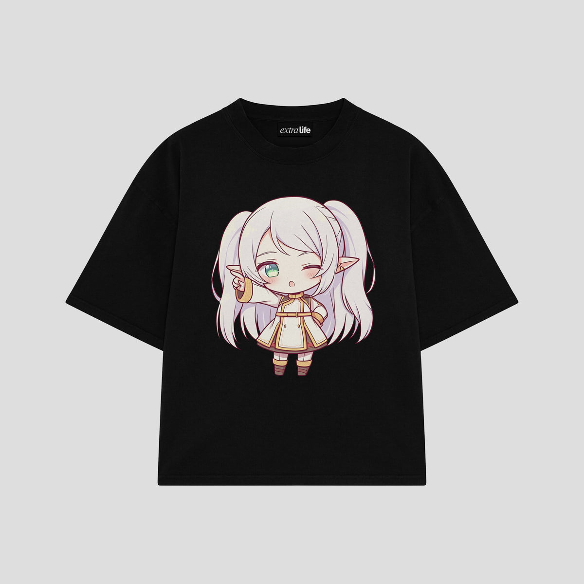 Playera streetwear premium de anime y gaming ExtraLife MX, corte oversized drop shoulder ligero y fresco en color Deep Black y Off-White, moda urbana mexicana de culto.
