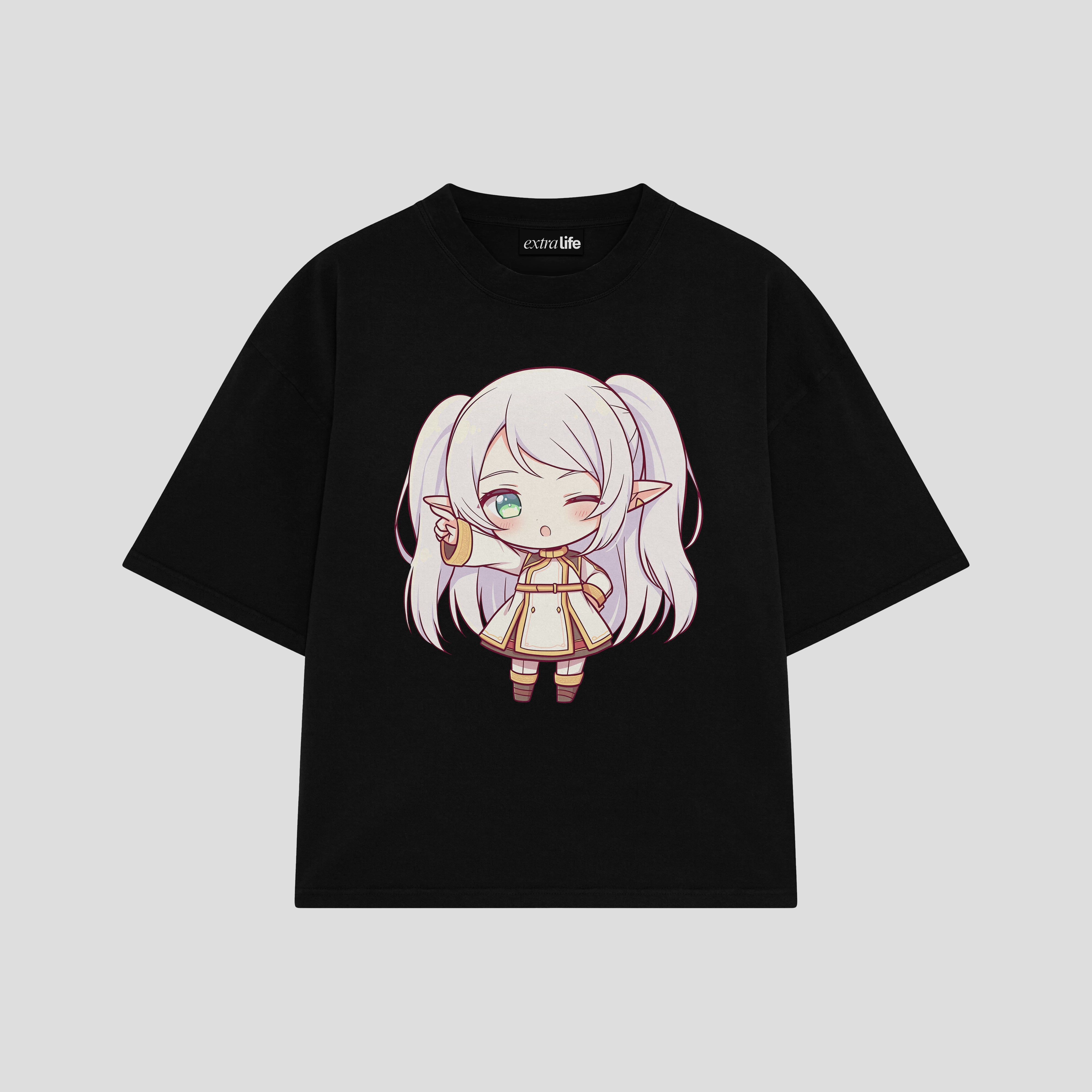 Playera streetwear premium de anime y gaming ExtraLife MX, corte boxy oversized drop shoulder heavyweight en color Deep Black y Off-White, moda urbana mexicana de culto.