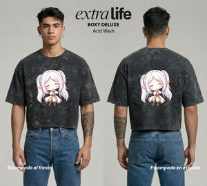 Playera streetwear premium de anime y gaming ExtraLife MX, corte boxy deluxe mineral wash heavyweight en color Acid Wash, moda urbana mexicana de culto.