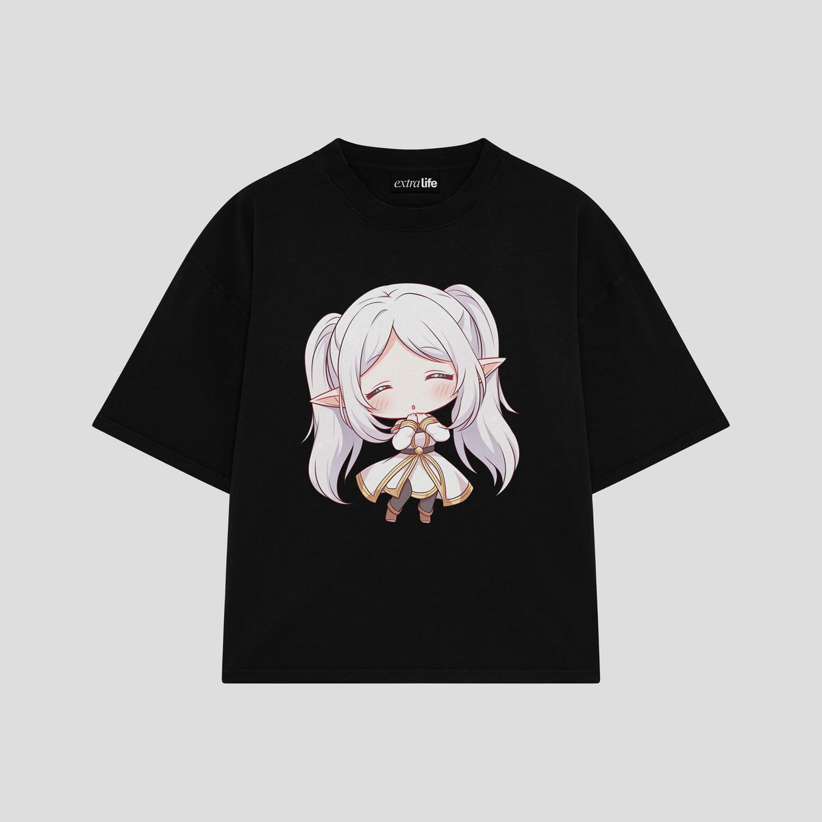Playera streetwear premium de anime y gaming ExtraLife MX, corte oversized drop shoulder ligero y fresco en color Deep Black y Off-White, moda urbana mexicana de culto.