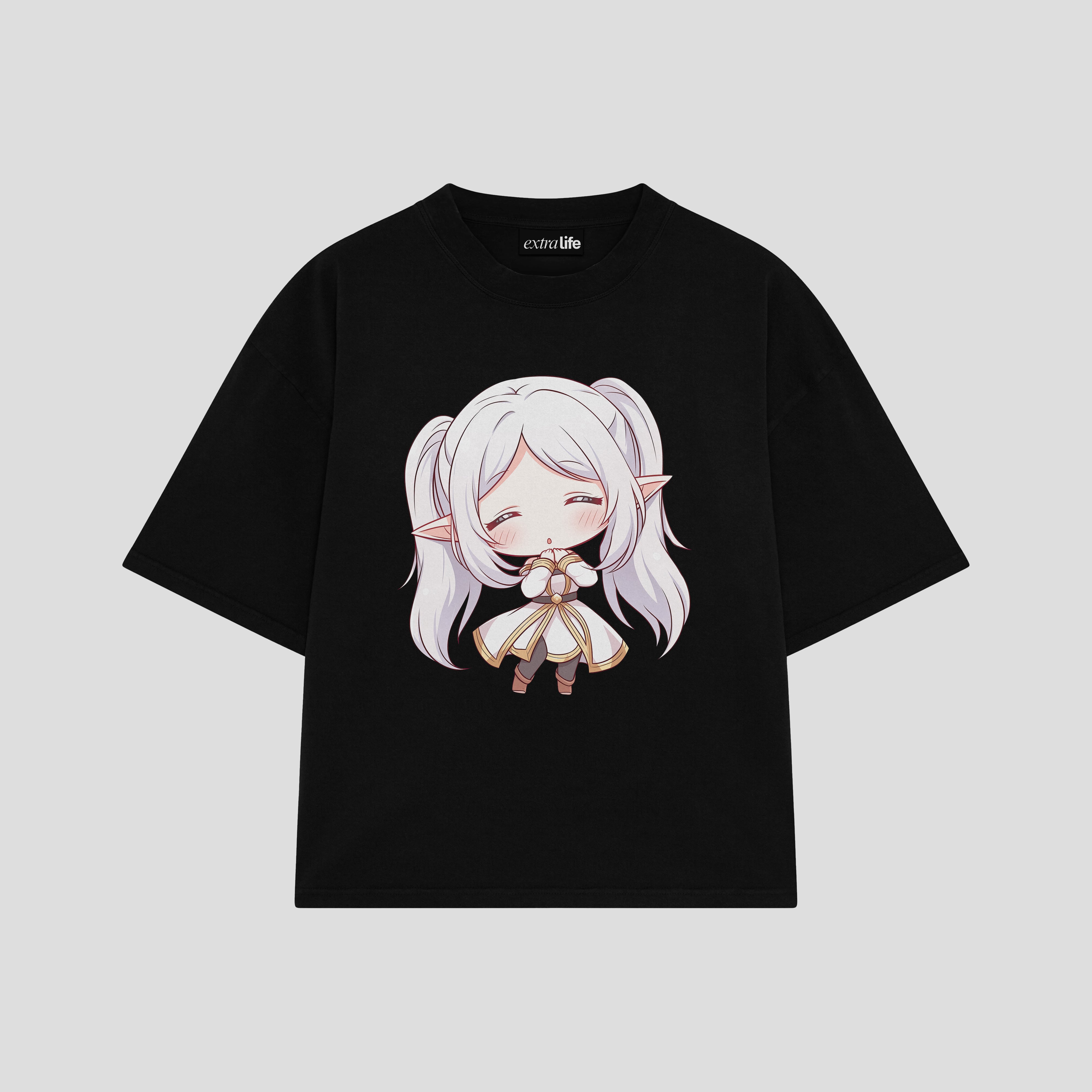 Playera streetwear premium de anime y gaming ExtraLife MX, corte boxy oversized drop shoulder heavyweight en color Deep Black y Off-White, moda urbana mexicana de culto.