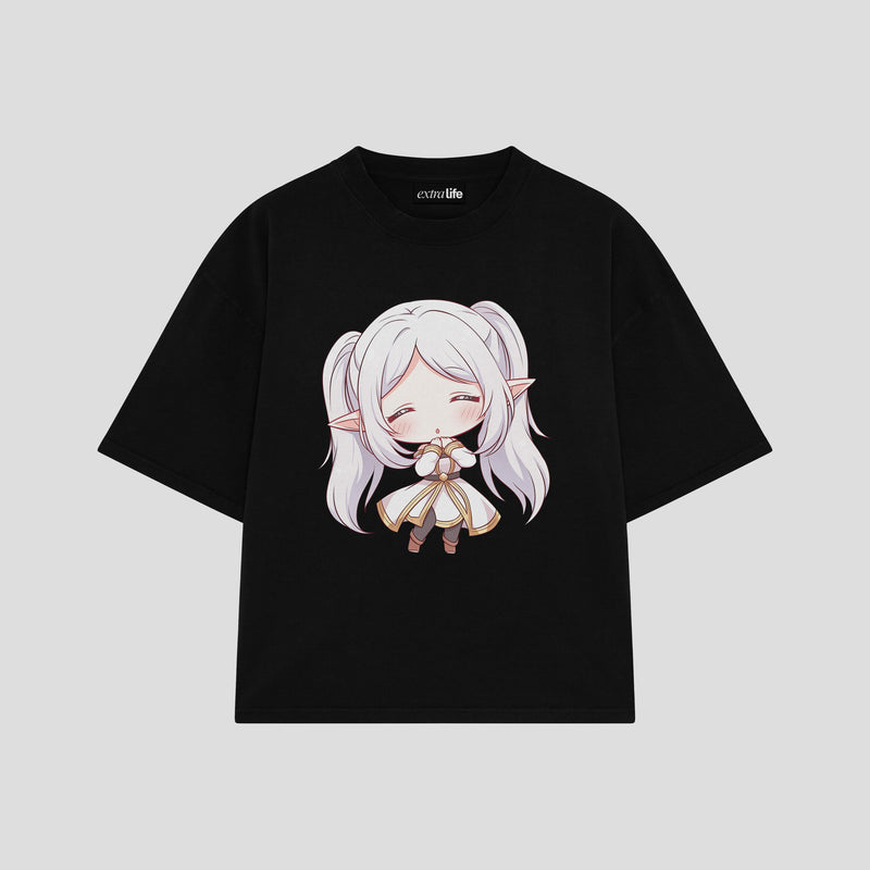 Playera streetwear premium de anime y gaming ExtraLife MX, corte boxy oversized drop shoulder heavyweight en color Deep Black y Off-White, moda urbana mexicana de culto.