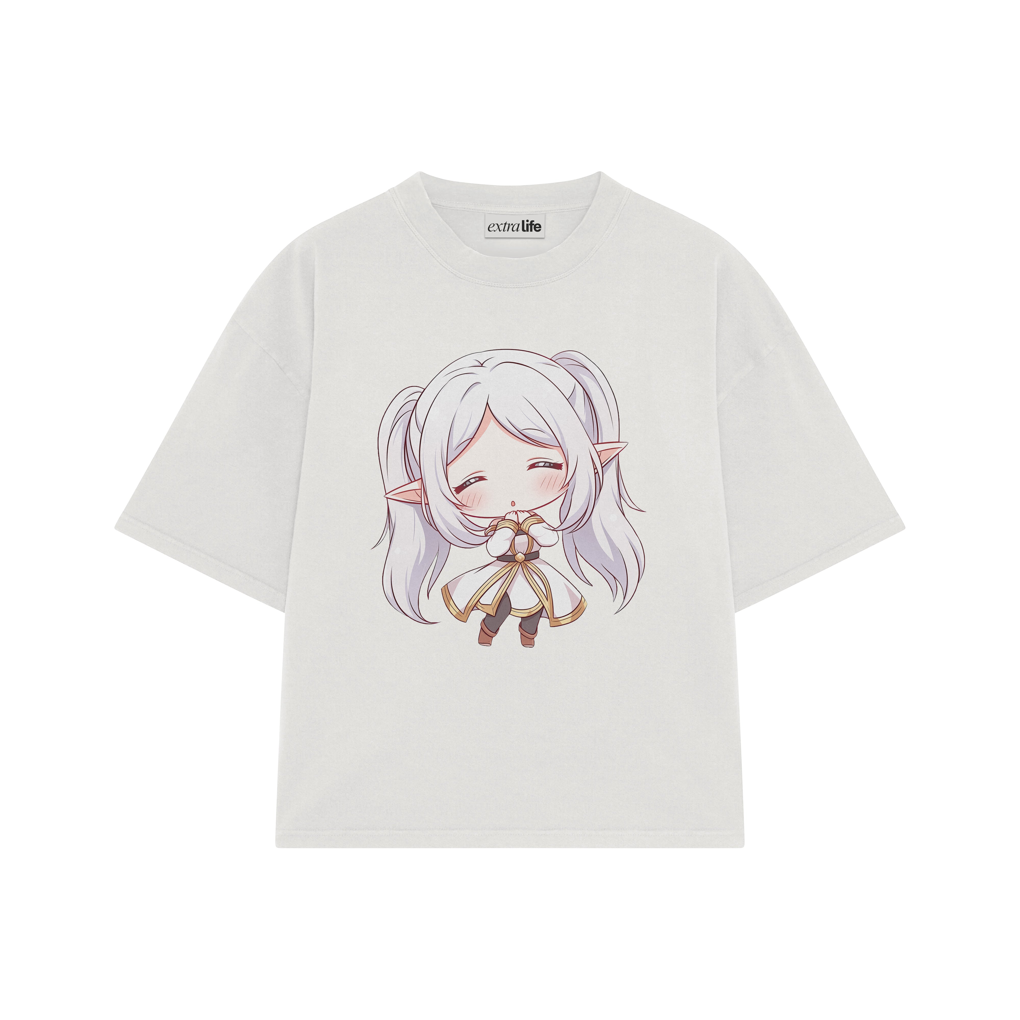 Playera streetwear premium de anime y gaming ExtraLife MX, corte boxy oversized drop shoulder heavyweight en color Deep Black y Off-White, moda urbana mexicana de culto.