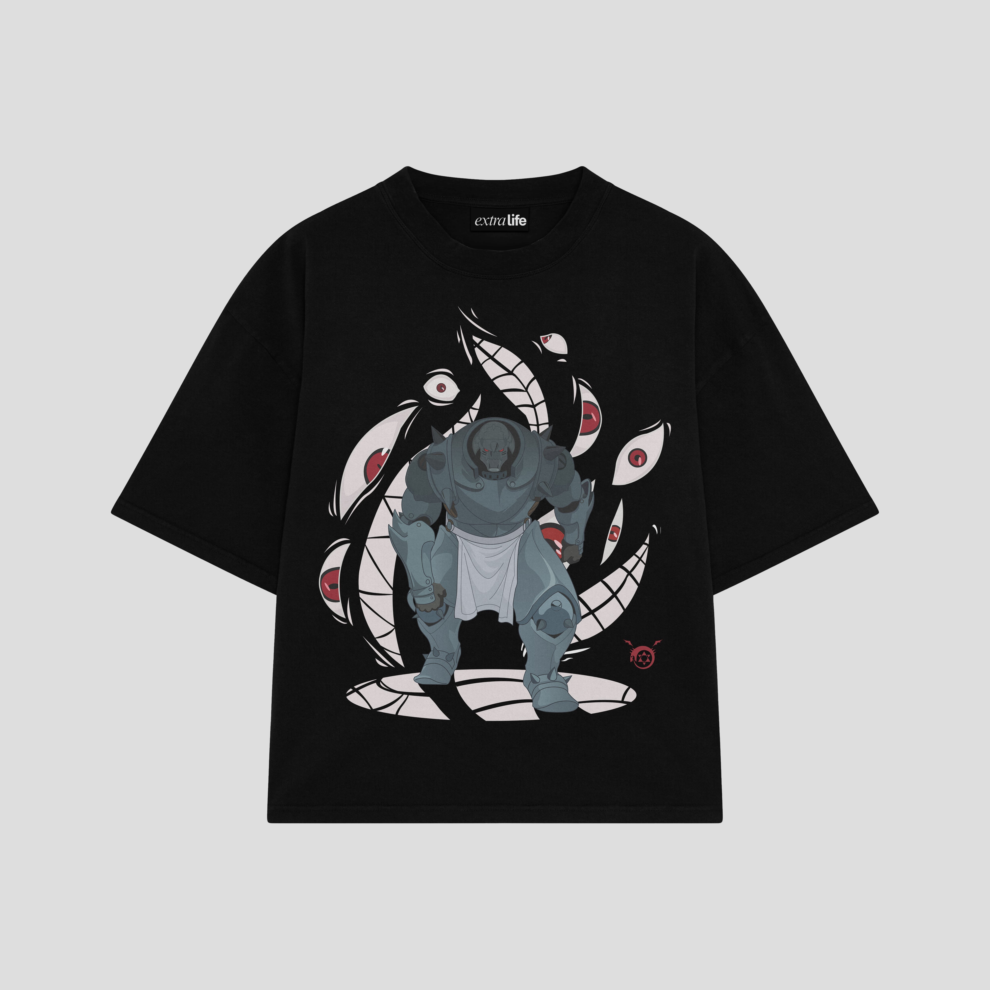 Playera streetwear premium de anime y gaming ExtraLife MX, corte boxy oversized drop shoulder heavyweight en color Deep Black y Off-White, moda urbana mexicana de culto.