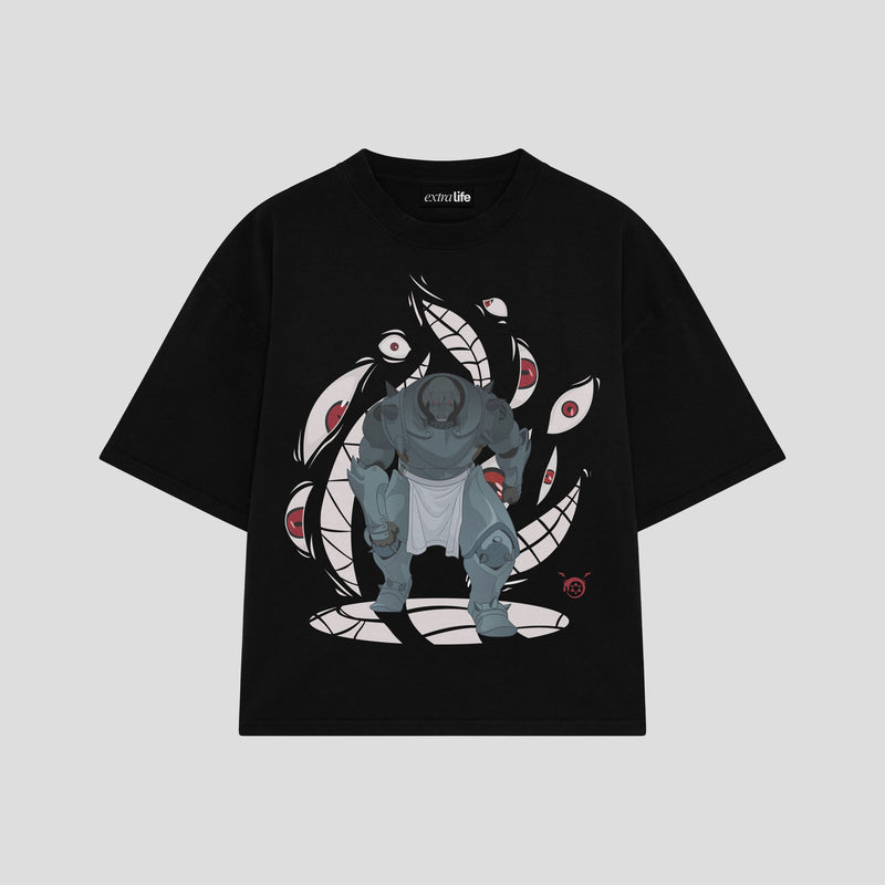 Playera streetwear premium de anime y gaming ExtraLife MX, corte boxy oversized drop shoulder heavyweight en color Deep Black y Off-White, moda urbana mexicana de culto.