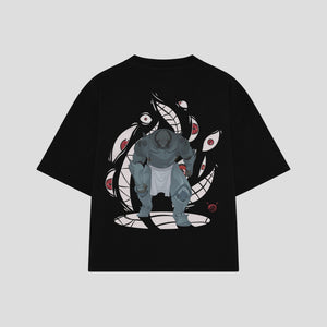 Playera streetwear premium de anime y gaming ExtraLife MX, corte boxy oversized drop shoulder heavyweight en color Deep Black y Off-White, moda urbana mexicana de culto.