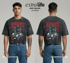 Playera streetwear premium de anime y gaming ExtraLife MX, corte boxy deluxe mineral wash heavyweight en color Acid Wash, moda urbana mexicana de culto.