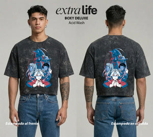 Playera streetwear premium de anime y gaming ExtraLife MX, corte boxy deluxe mineral wash heavyweight en color Acid Wash, moda urbana mexicana de culto.