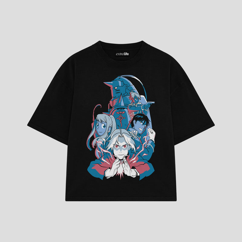 Playera streetwear premium de anime y gaming ExtraLife MX, corte boxy oversized drop shoulder heavyweight en color Deep Black y Off-White, moda urbana mexicana de culto.