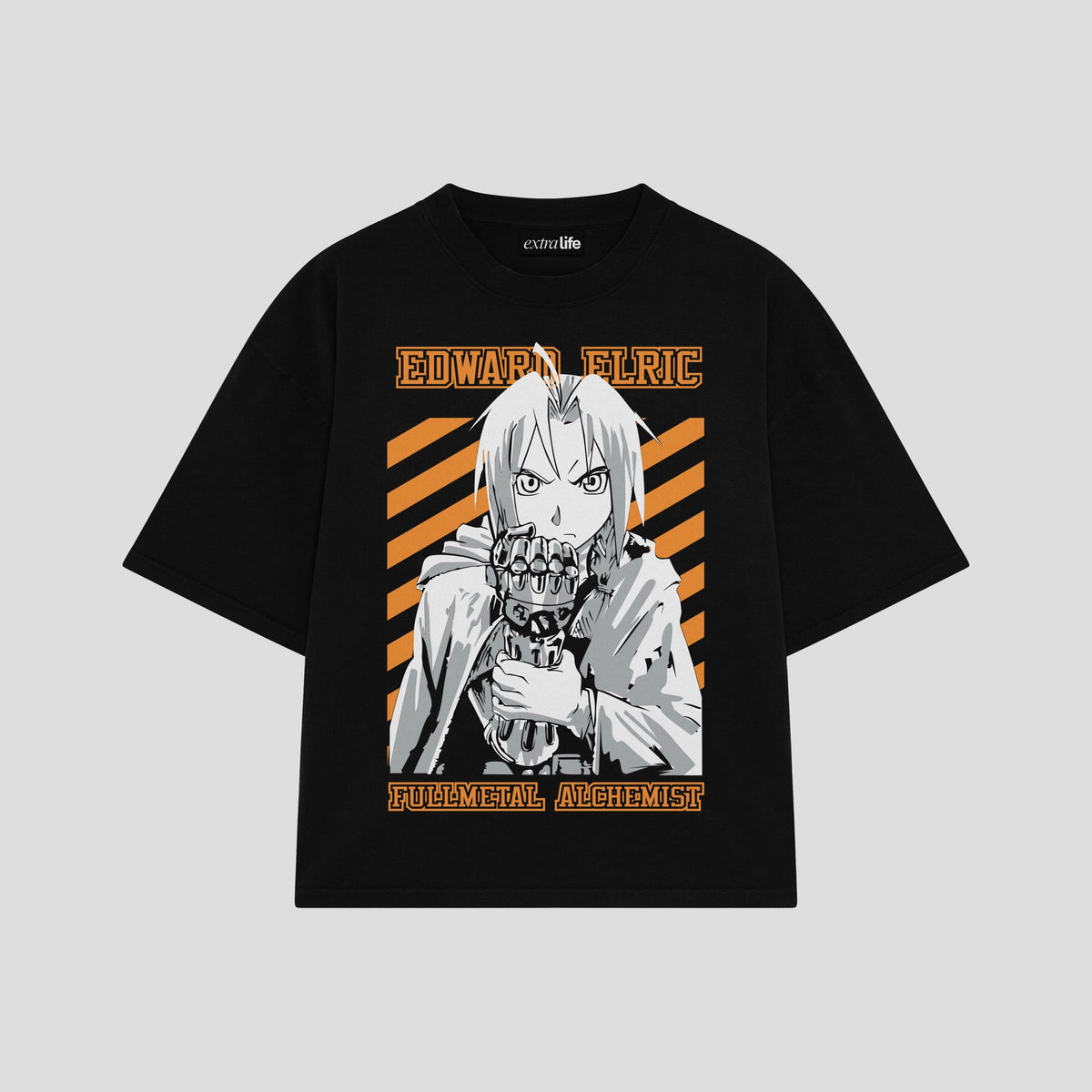Playera streetwear premium de anime y gaming ExtraLife MX, corte oversized drop shoulder ligero y fresco en color Deep Black y Off-White, moda urbana mexicana de culto.