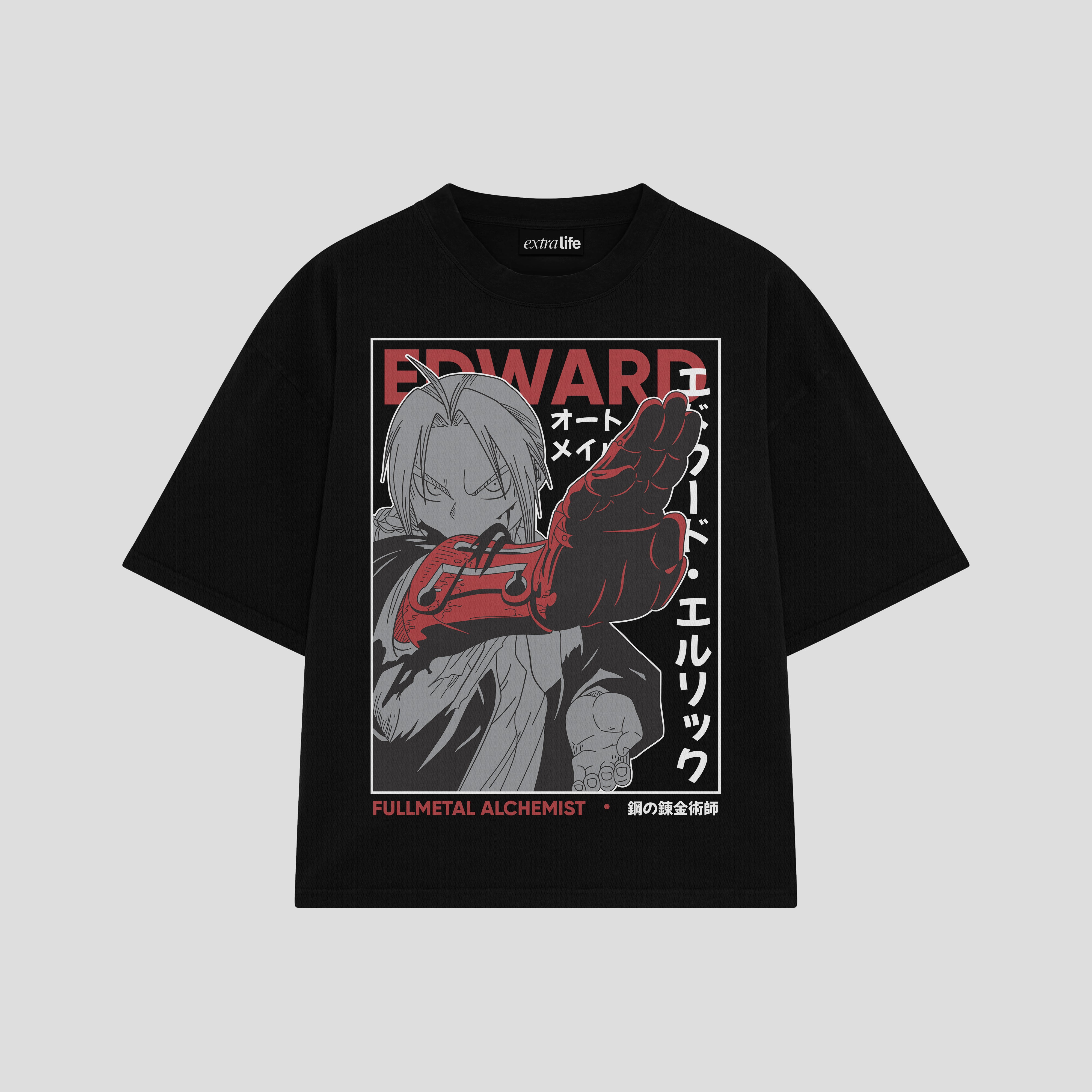 Playera streetwear premium de anime y gaming ExtraLife MX, corte boxy oversized drop shoulder heavyweight en color Deep Black y Off-White, moda urbana mexicana de culto.