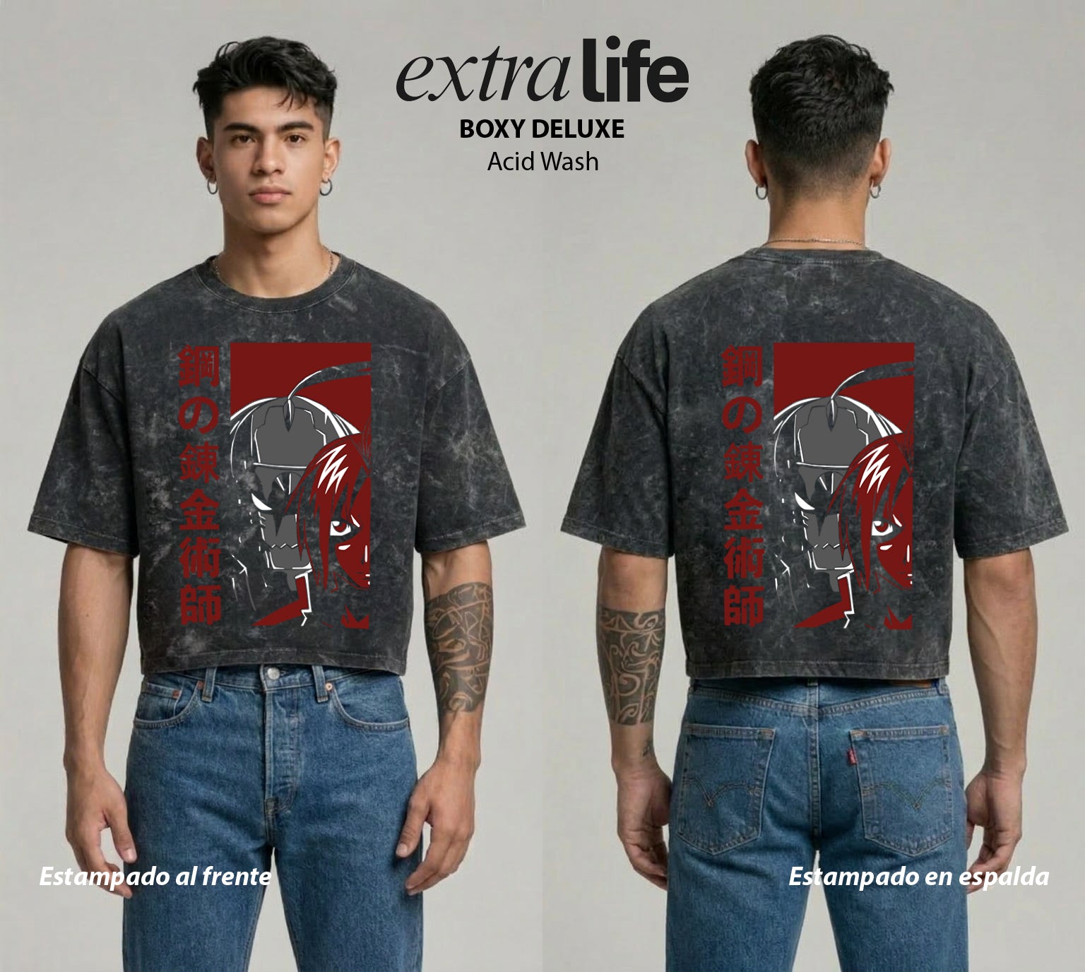 Playera streetwear premium de anime y gaming ExtraLife MX, corte boxy deluxe mineral wash heavyweight en color Acid Wash, moda urbana mexicana de culto.
