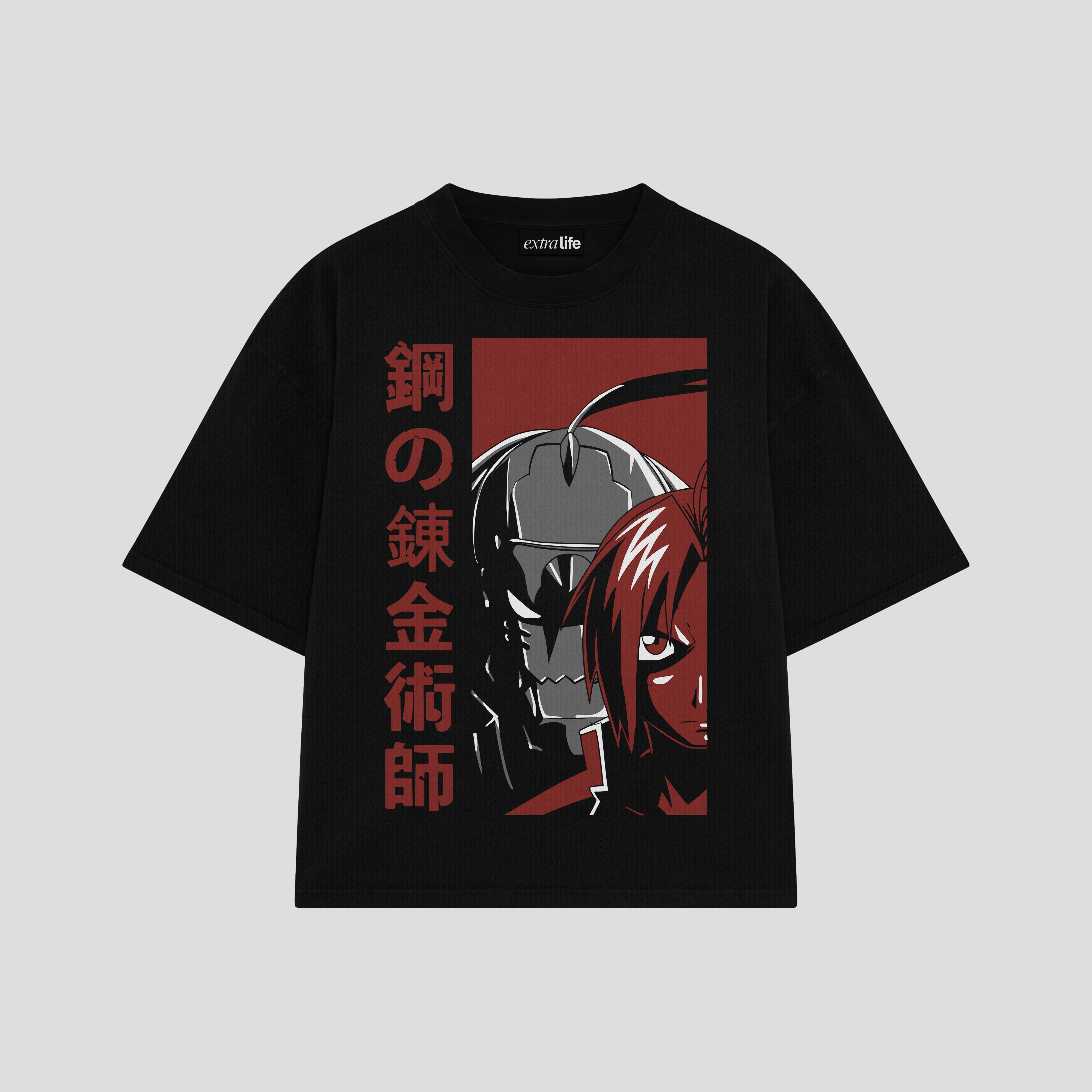 Playera streetwear premium de anime y gaming ExtraLife MX, corte boxy oversized drop shoulder heavyweight en color Deep Black y Off-White, moda urbana mexicana de culto.