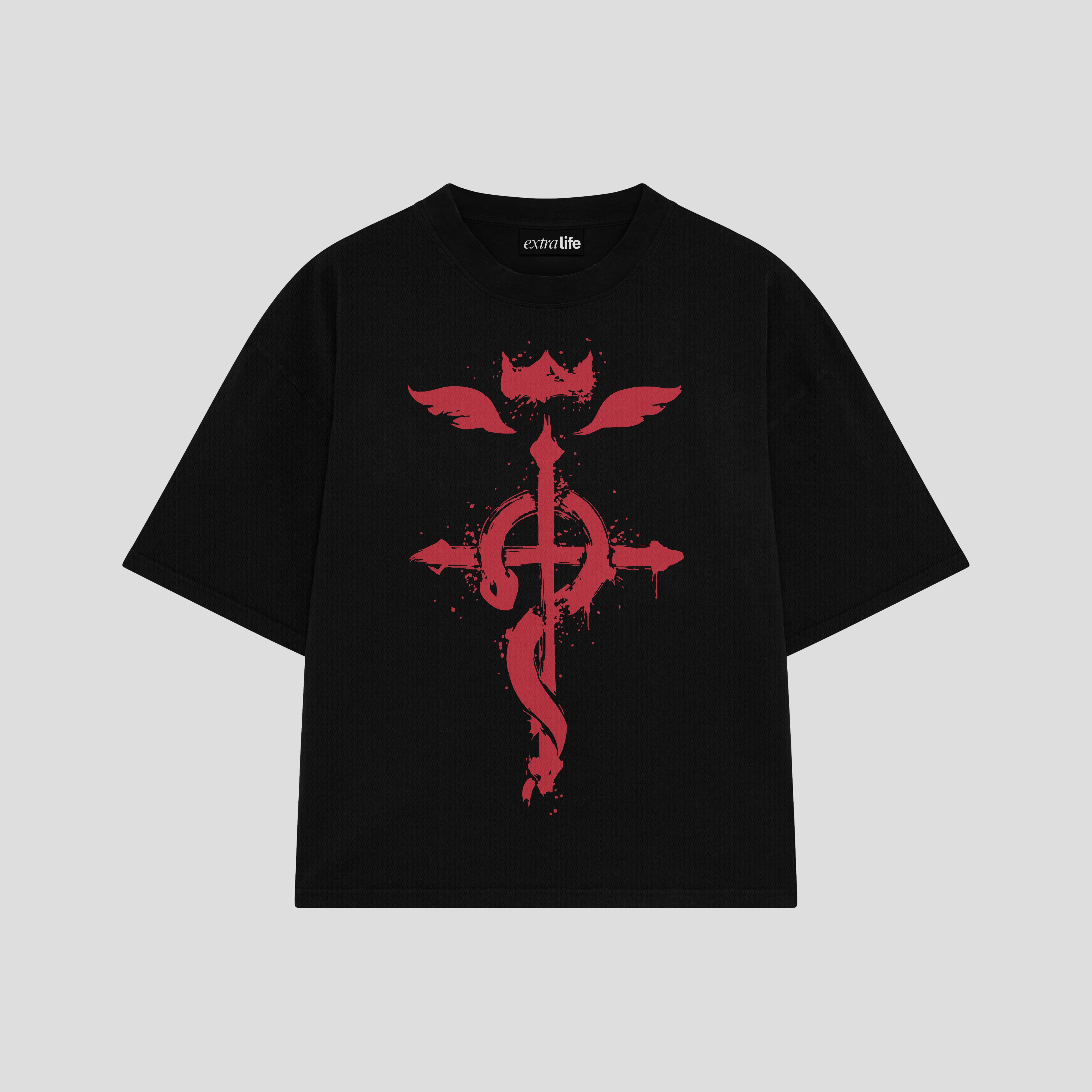 Playera streetwear premium de anime y gaming ExtraLife MX, corte boxy oversized drop shoulder heavyweight en color Deep Black y Off-White, moda urbana mexicana de culto.