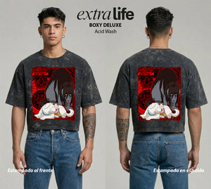 Playera streetwear premium de anime y gaming ExtraLife MX, corte boxy deluxe mineral wash heavyweight en color Acid Wash, moda urbana mexicana de culto.