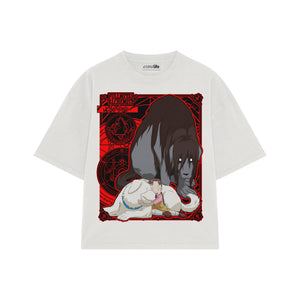 Playera streetwear premium de anime y gaming ExtraLife MX, corte boxy oversized drop shoulder heavyweight en color Deep Black y Off-White, moda urbana mexicana de culto.