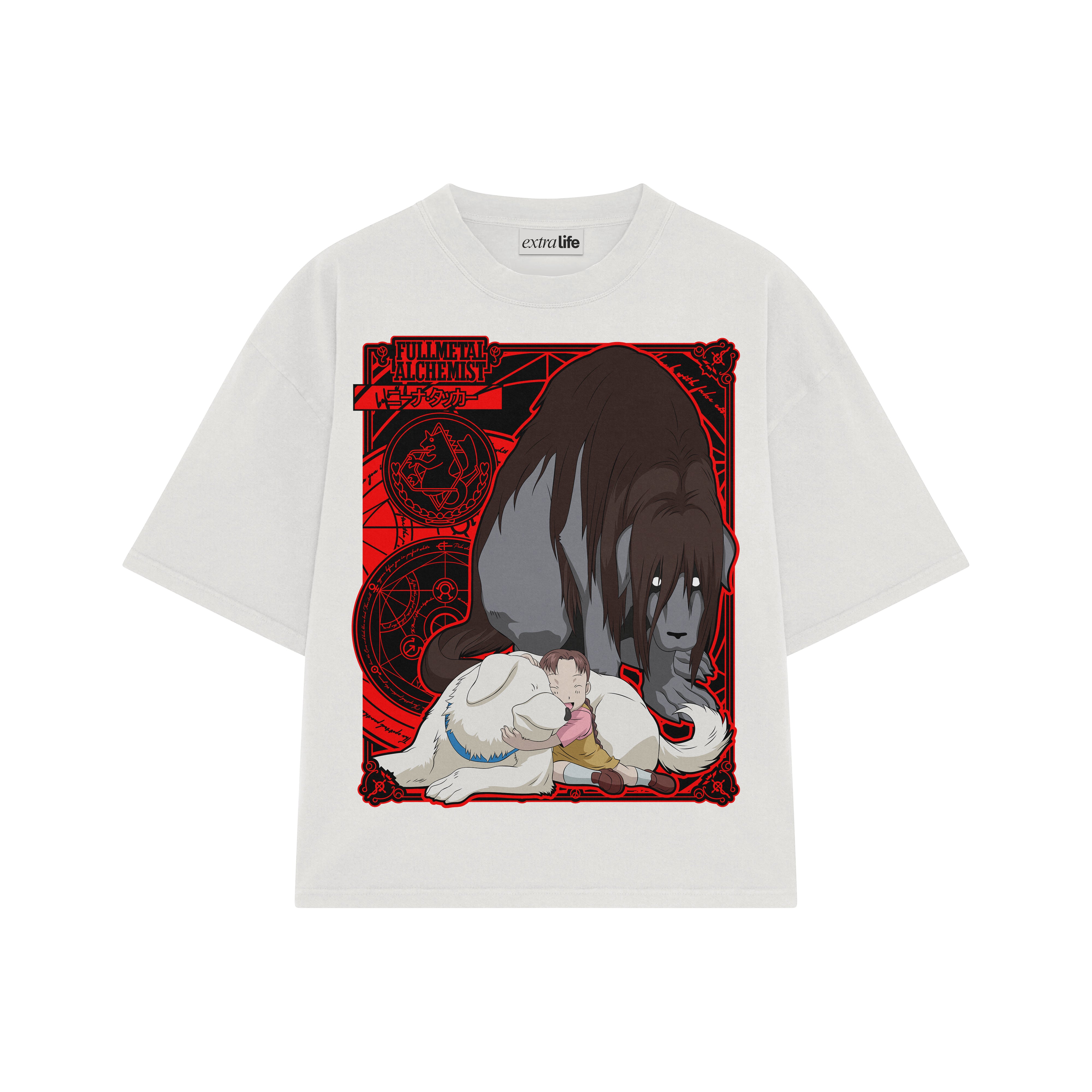 Playera streetwear premium de anime y gaming ExtraLife MX, corte boxy oversized drop shoulder heavyweight en color Deep Black y Off-White, moda urbana mexicana de culto.