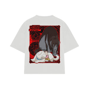 Playera streetwear premium de anime y gaming ExtraLife MX, corte boxy oversized drop shoulder heavyweight en color Deep Black y Off-White, moda urbana mexicana de culto.