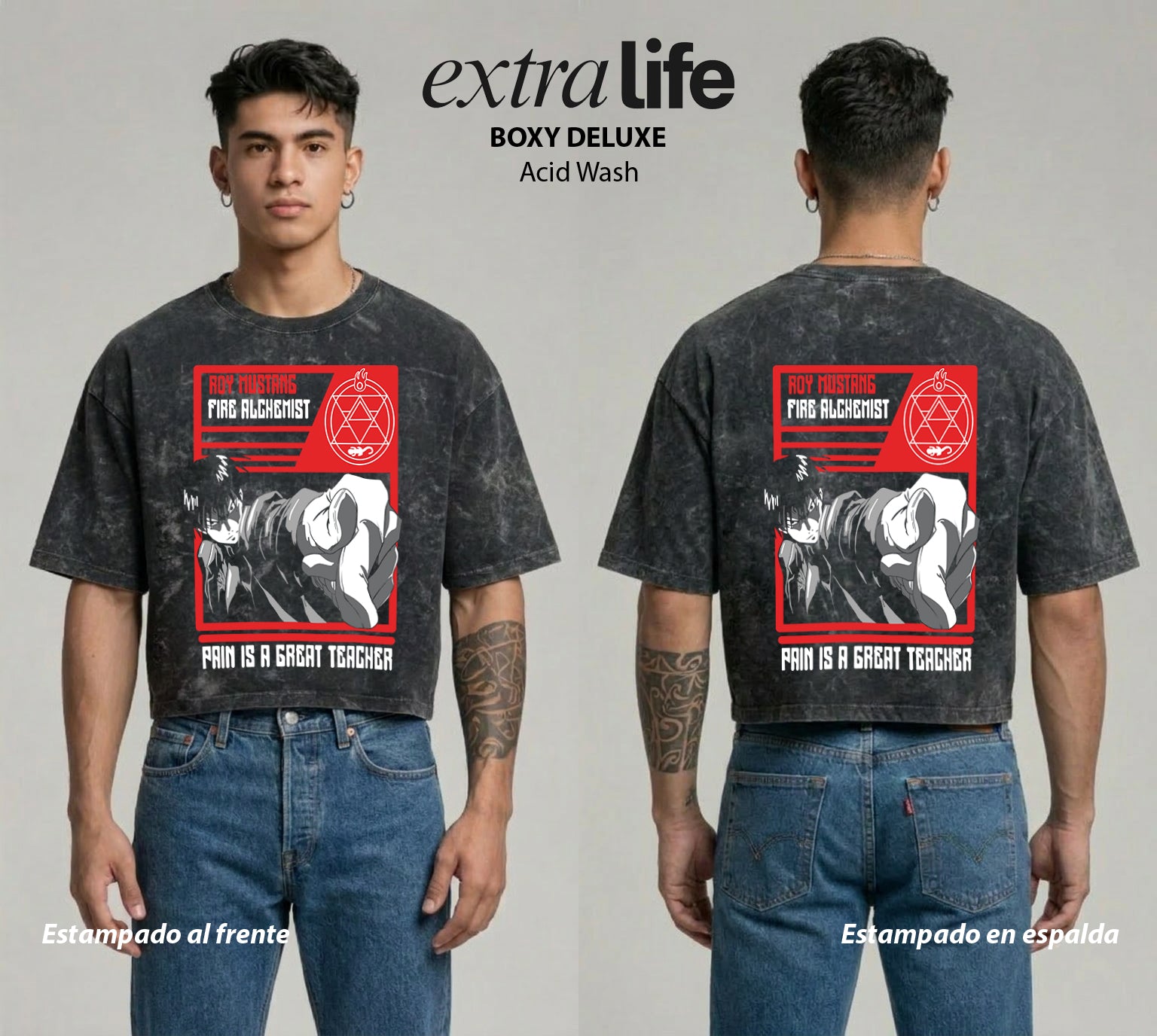 Playera streetwear premium de anime y gaming ExtraLife MX, corte boxy deluxe mineral wash heavyweight en color Acid Wash, moda urbana mexicana de culto.