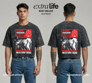 Playera streetwear premium de anime y gaming ExtraLife MX, corte boxy deluxe mineral wash heavyweight en color Acid Wash, moda urbana mexicana de culto.