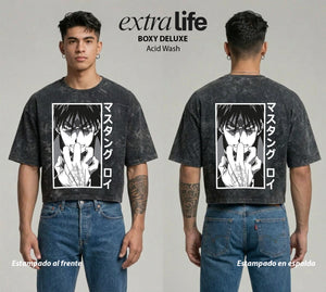 Playera streetwear premium de anime y gaming ExtraLife MX, corte boxy deluxe mineral wash heavyweight en color Acid Wash, moda urbana mexicana de culto.