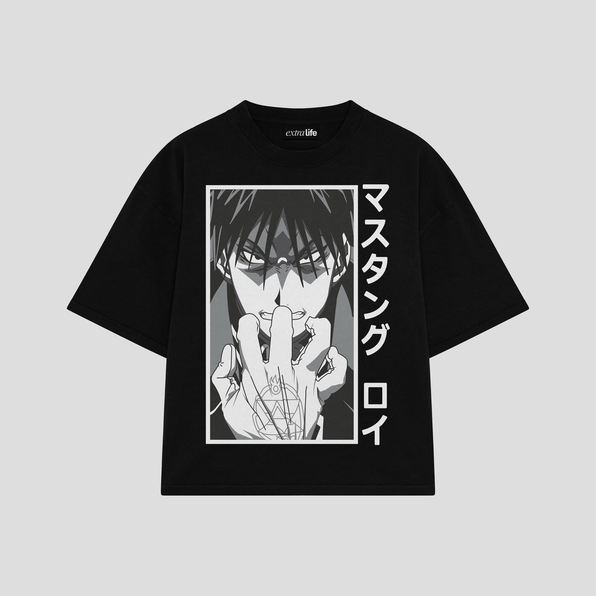 Playera streetwear premium de anime y gaming ExtraLife MX, corte oversized drop shoulder ligero y fresco en color Deep Black y Off-White, moda urbana mexicana de culto.