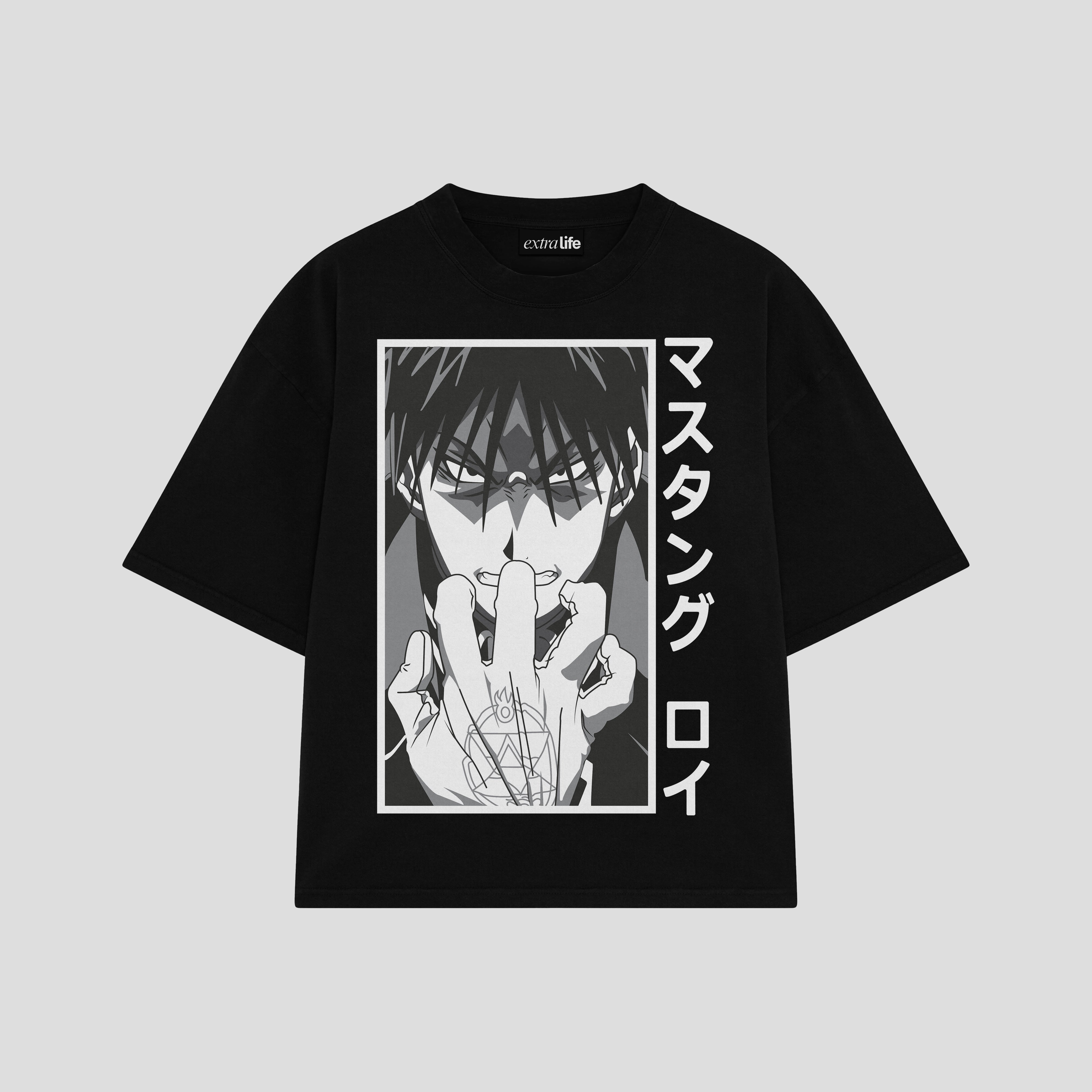 Playera streetwear premium de anime y gaming ExtraLife MX, corte boxy oversized drop shoulder heavyweight en color Deep Black y Off-White, moda urbana mexicana de culto.