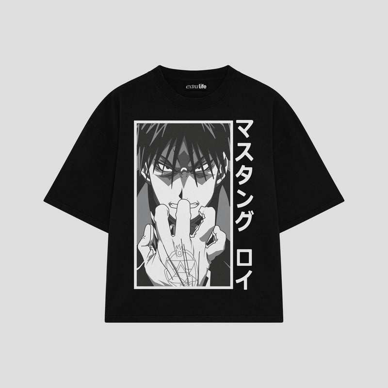 Playera streetwear premium de anime y gaming ExtraLife MX, corte boxy oversized drop shoulder heavyweight en color Deep Black y Off-White, moda urbana mexicana de culto.