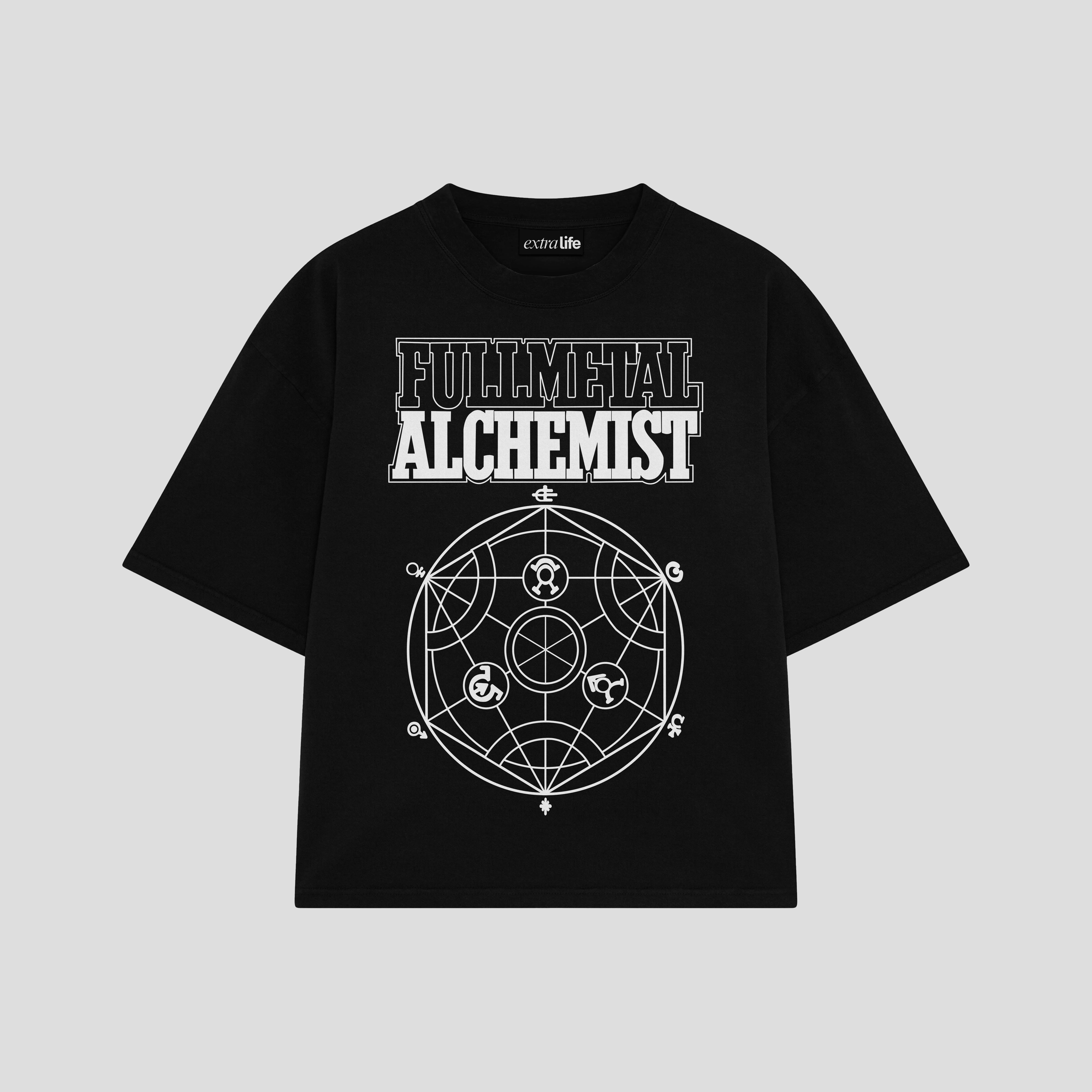Playera streetwear premium de anime y gaming ExtraLife MX, corte boxy oversized drop shoulder heavyweight en color Deep Black y Off-White, moda urbana mexicana de culto.