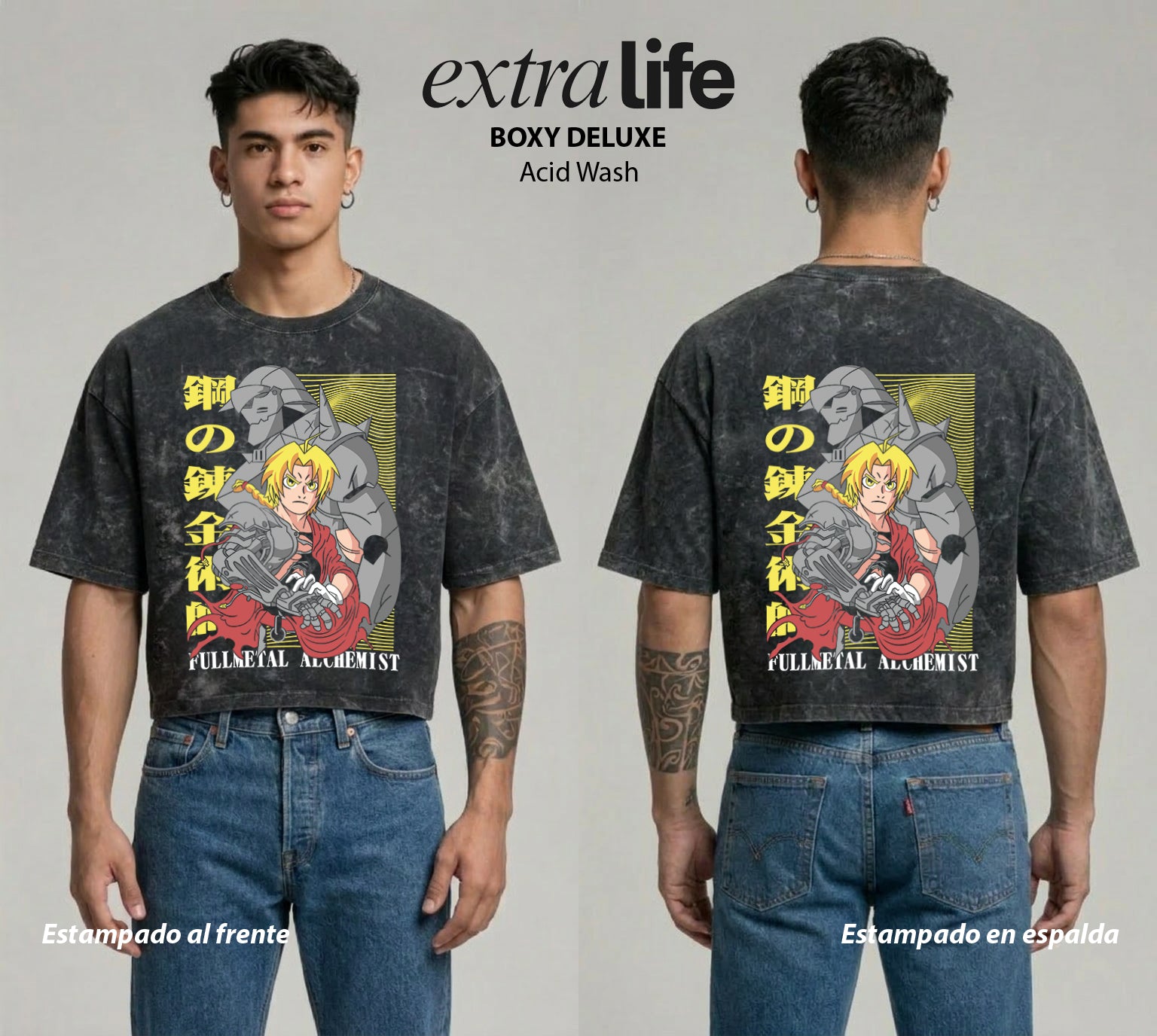 Playera streetwear premium de anime y gaming ExtraLife MX, corte boxy deluxe mineral wash heavyweight en color Acid Wash, moda urbana mexicana de culto.