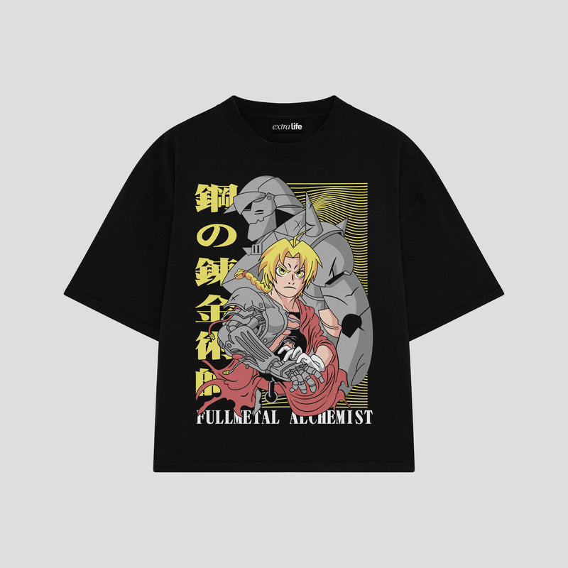 Playera streetwear premium de anime y gaming ExtraLife MX, corte boxy oversized drop shoulder heavyweight en color Deep Black y Off-White, moda urbana mexicana de culto.