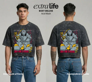Playera streetwear premium de anime y gaming ExtraLife MX, corte boxy deluxe mineral wash heavyweight en color Acid Wash, moda urbana mexicana de culto.